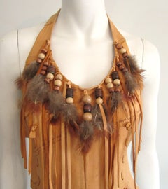 Deerskin Leather Halter Top Handmade Feathers 1970s