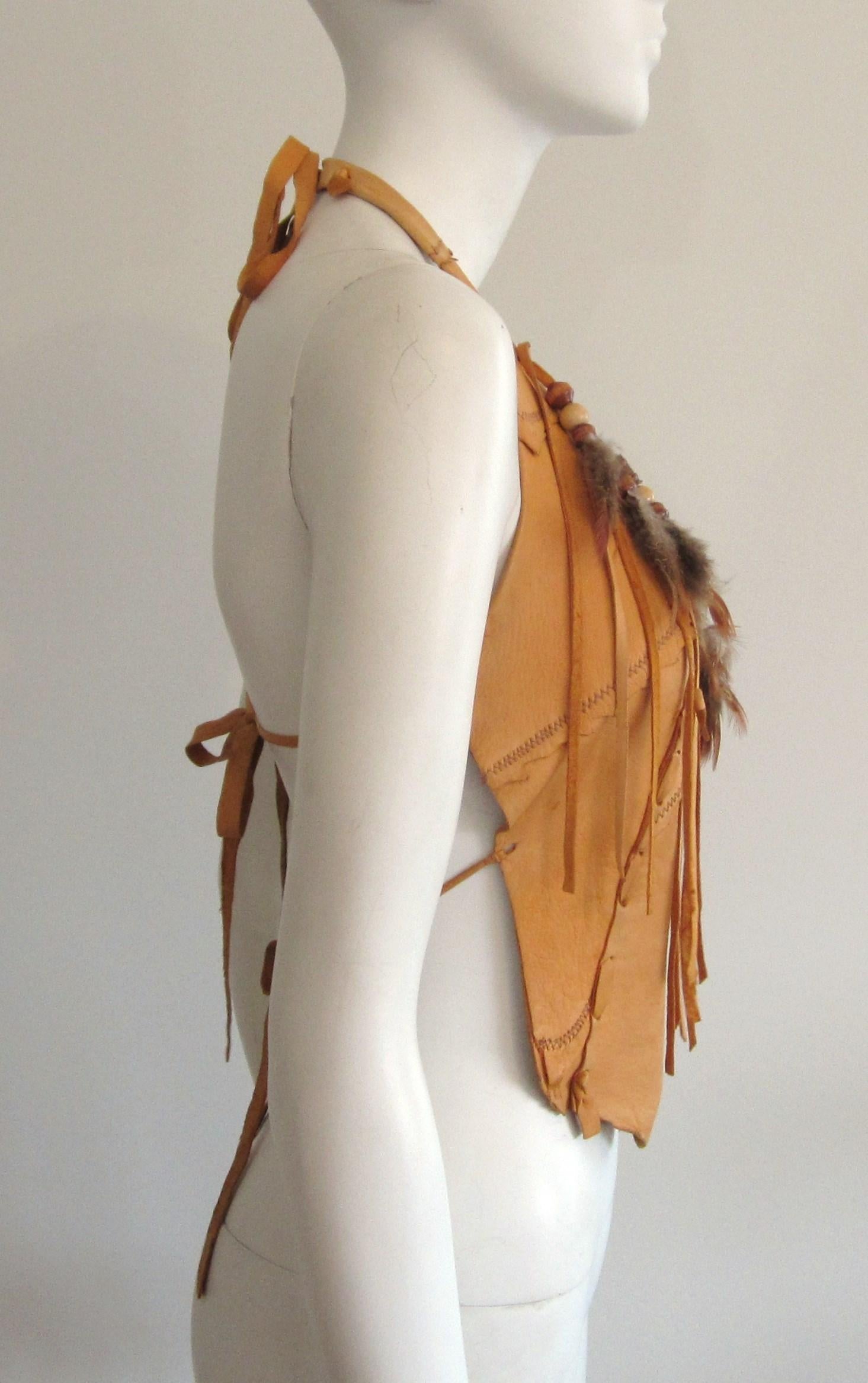 Brown Deerskin Leather Halter Top Handmade Feathers 1970s For Sale