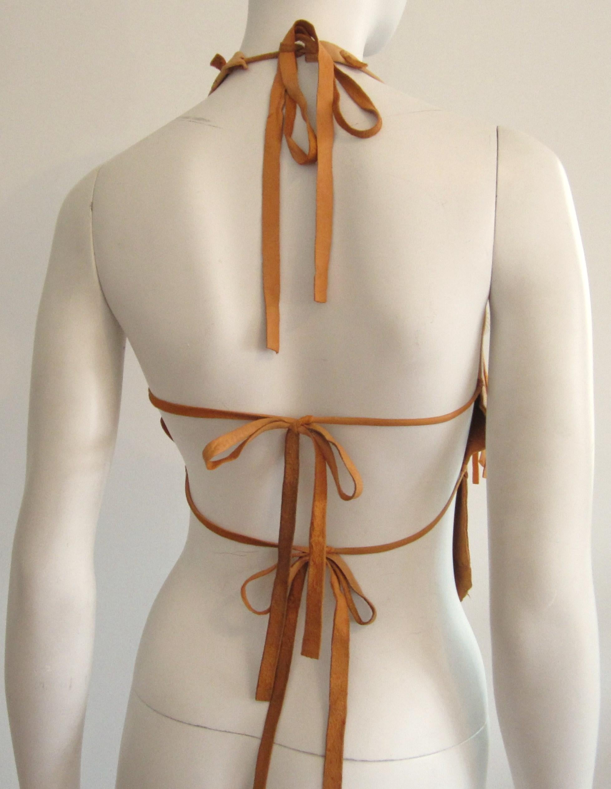 Deerskin Leather Halter Top Handmade Feathers 1970s In Good Condition For Sale In Wallkill, NY