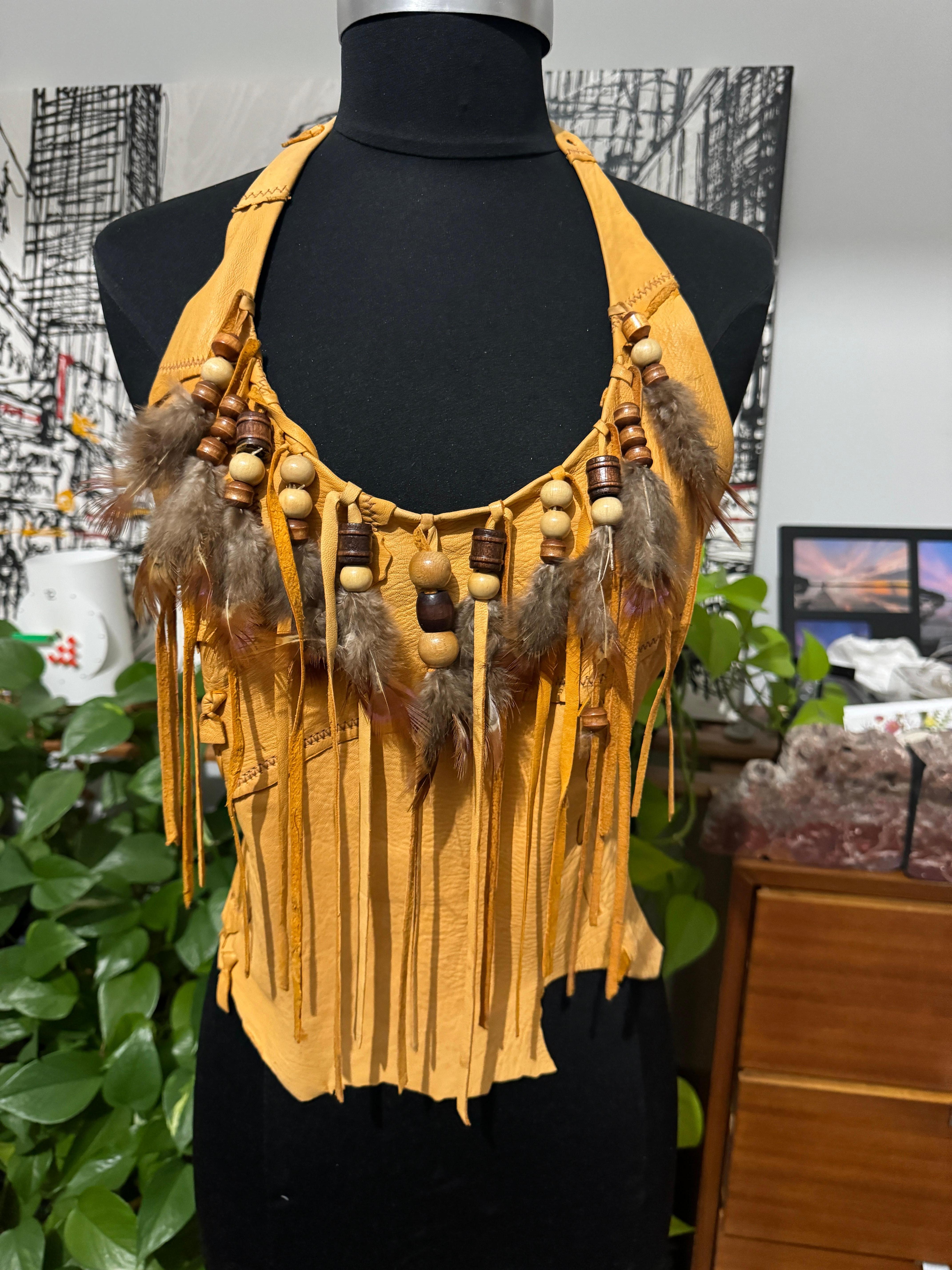 Deerskin Leather Halter Top Handmade Feathers 1970s For Sale 1