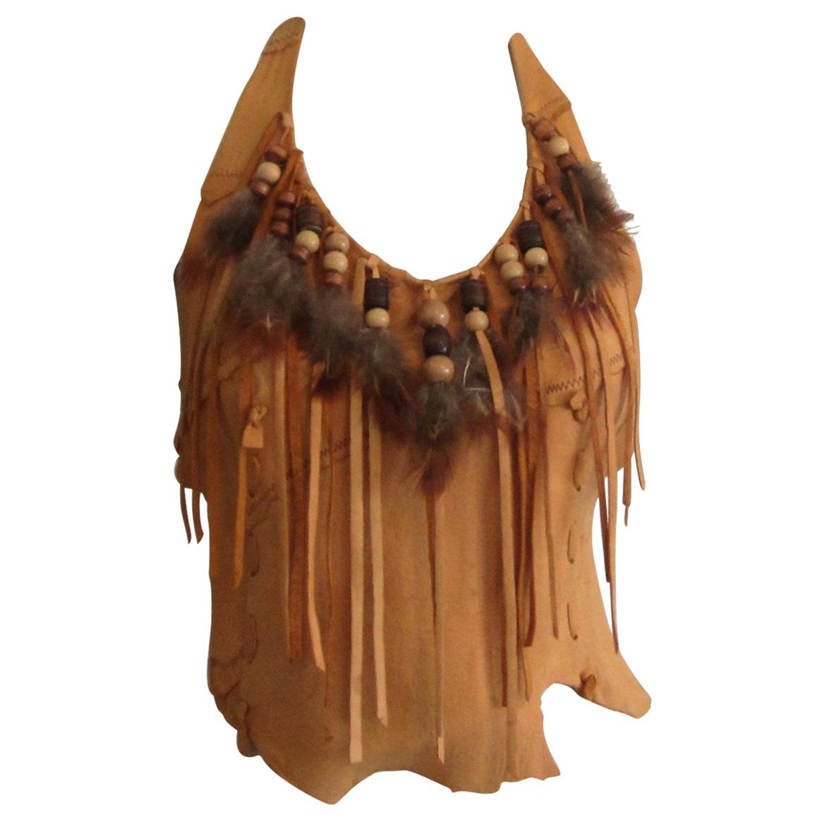 Deerskin Leather Halter Top Handmade Feathers 1970s For Sale
