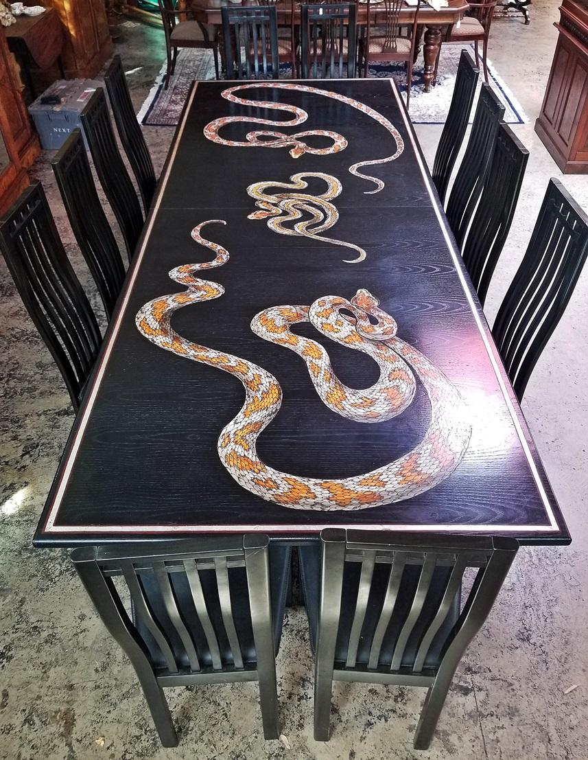 Once in a lifetime opportunity to own a significant piece of rock n roll memorabilia and a piece of unique art!

This is an extremely large, late 20th Century table with 12 chairs. It can be used as a chic and unique Dining Table or a Boardroom