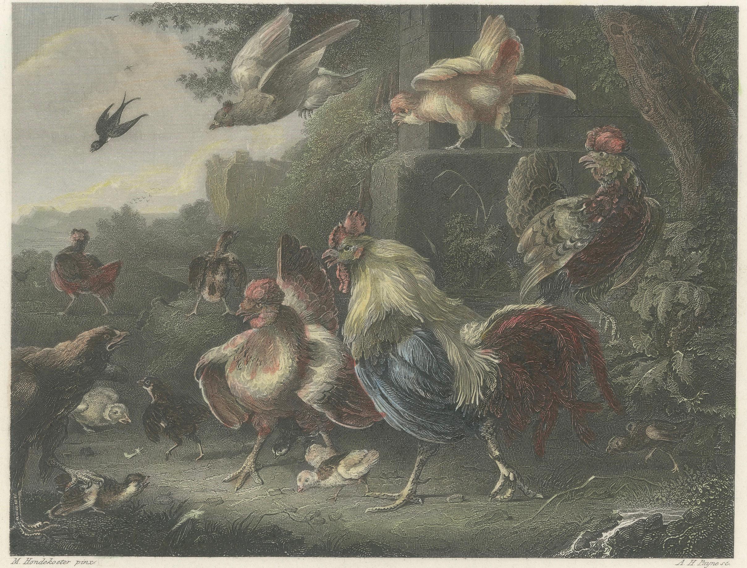 Defending the Flock: The Poultry's Stand Against the Hawk, handkoloriert um 1860 im Angebot 1