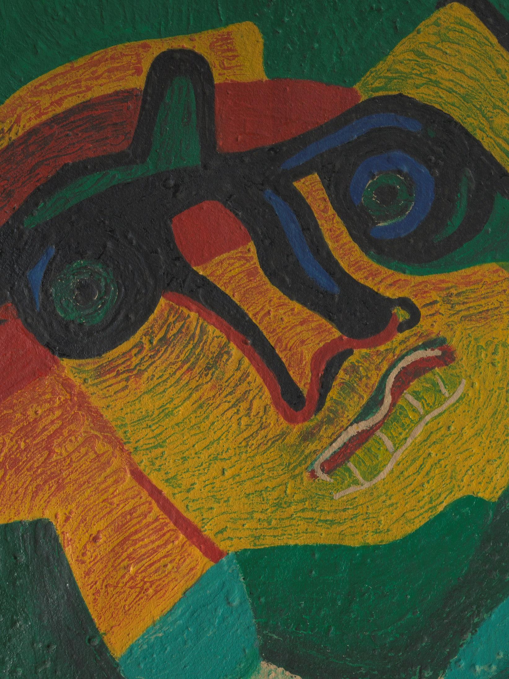 The ‘Multicolored Man’ depicts a head with an enlarged nose and ear and worried looking eyes and mouth. The characteristics are yellow, orange, blue, white, green and red. on a lively blue and green background. On the left side, a deformation of the