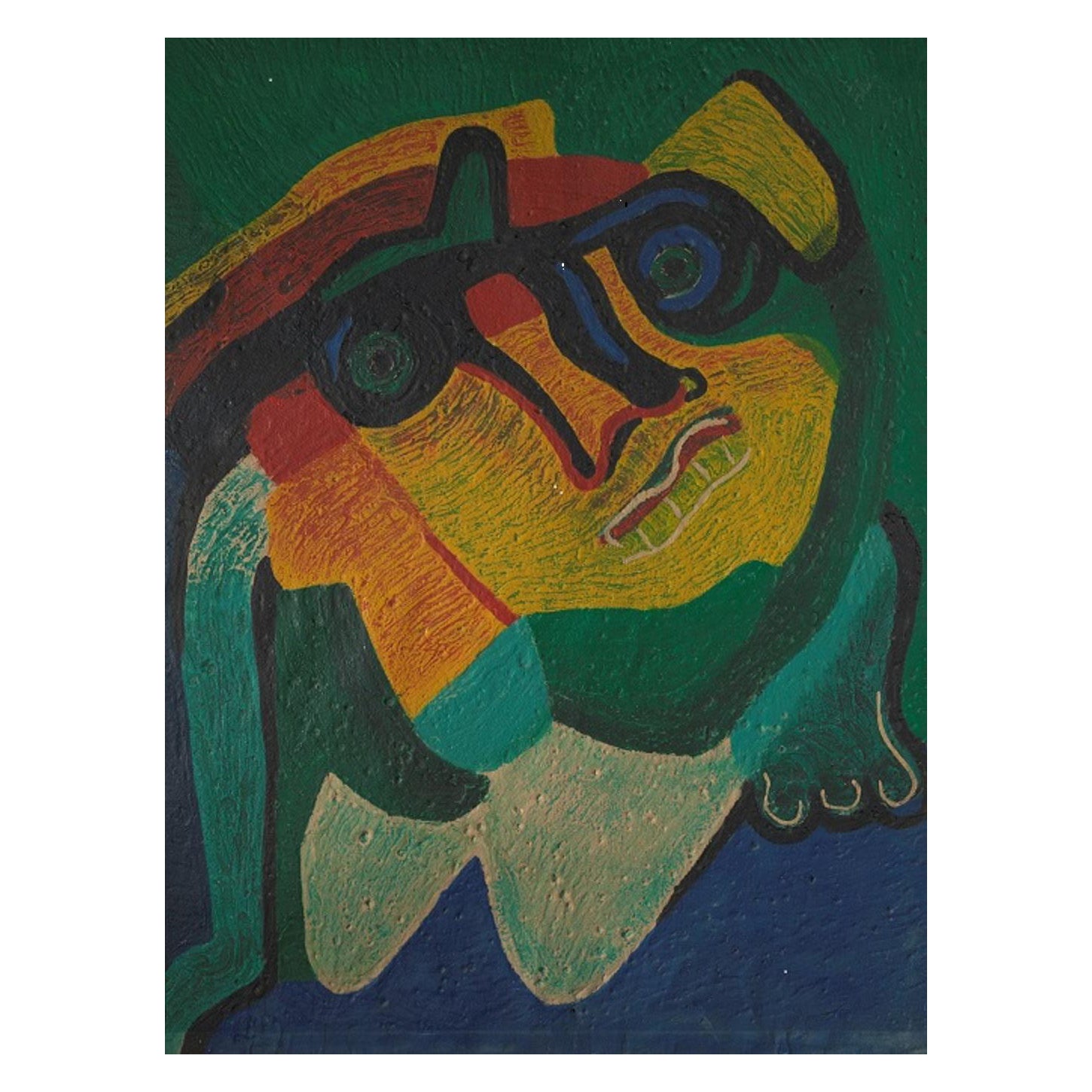 Deformierter Kopf, Stil von „Cobra“, Acryl auf geflammtem Papier, gerahmt und signiert „L“ im Angebot