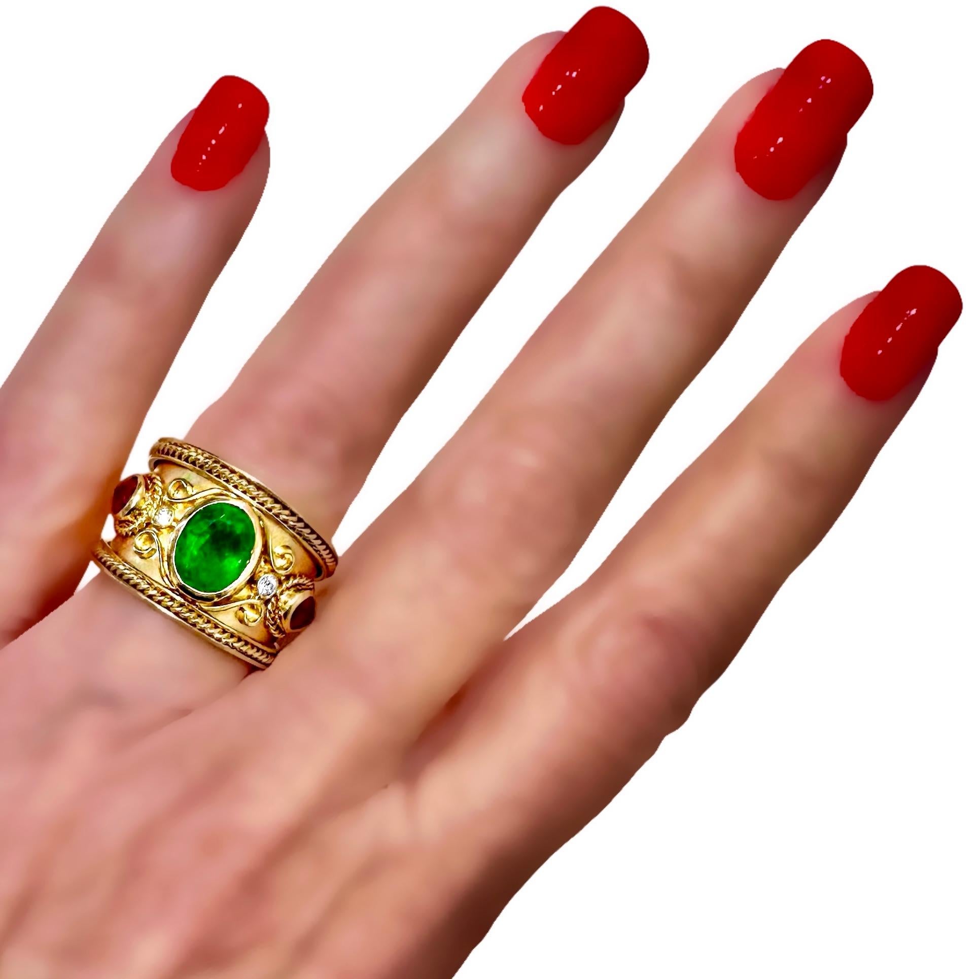 Anello a sigaro in oro 18 carati con rubino smeraldo e diamanti Etruscan Revival in vendita 6