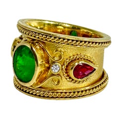 Deftly Crafted 18K Gold Emerald Ruby & Diamond Etruscan Revival Cigar Band Ring