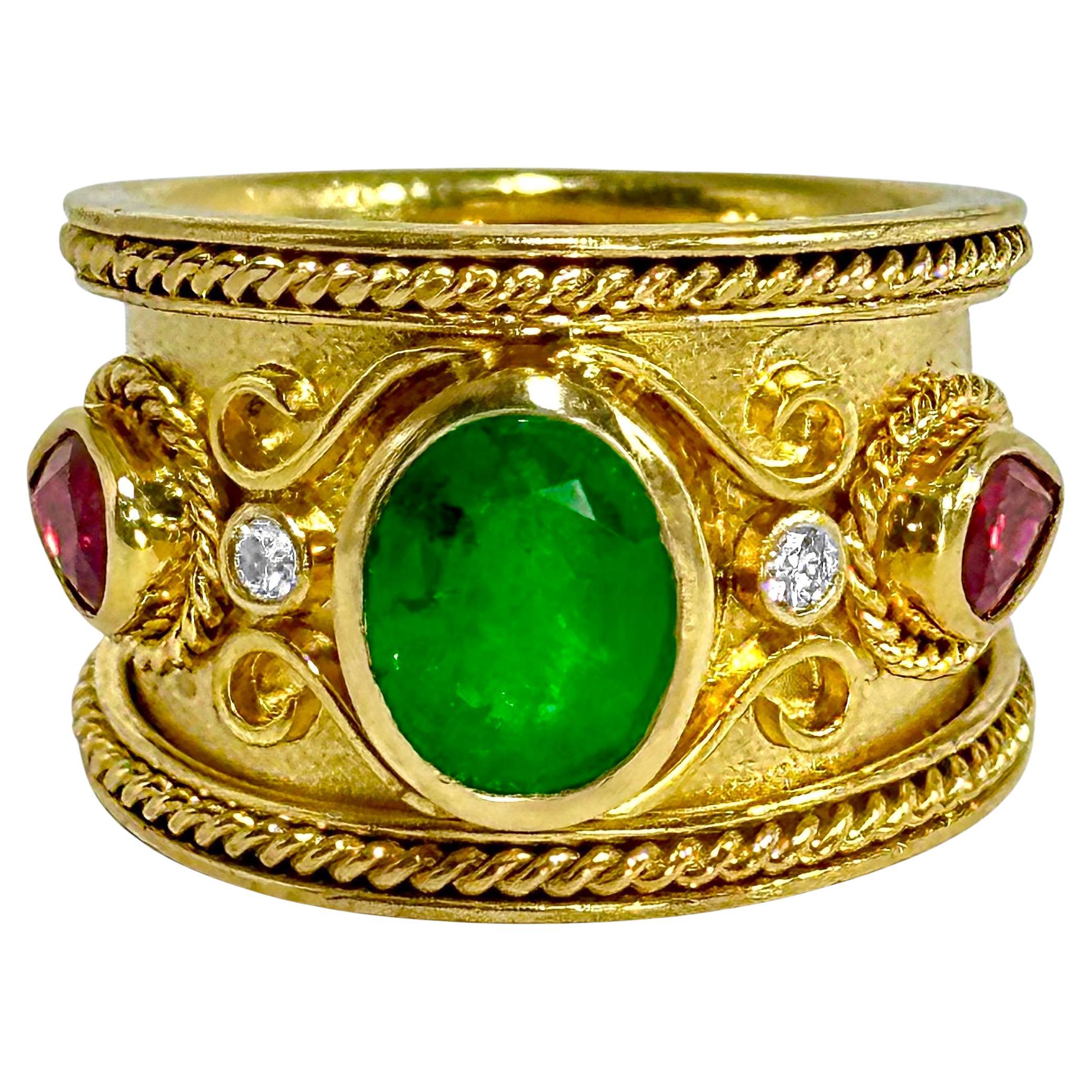 Deftly Crafted 18K Gold Emerald Ruby & Diamond Etruscan Revival Cigar Band Ring