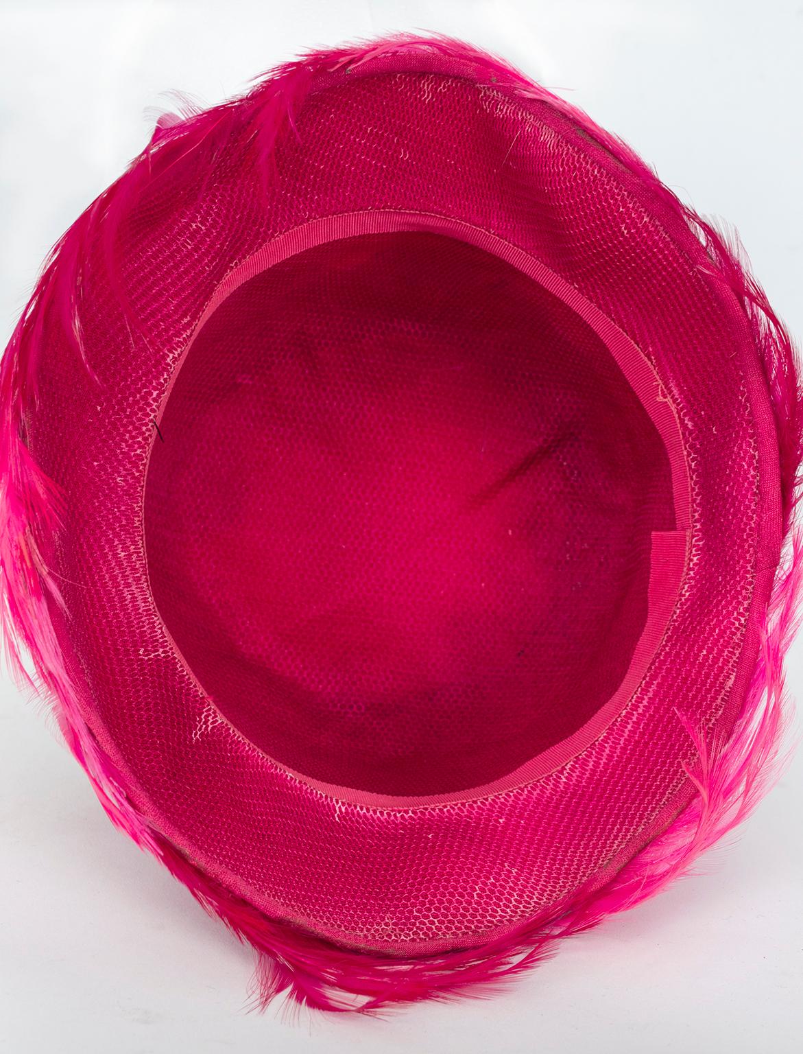 Pink Degradé Fuchsia and Green Ostrich and Cock Feather Bucket Cloche Hat – S, 1960s