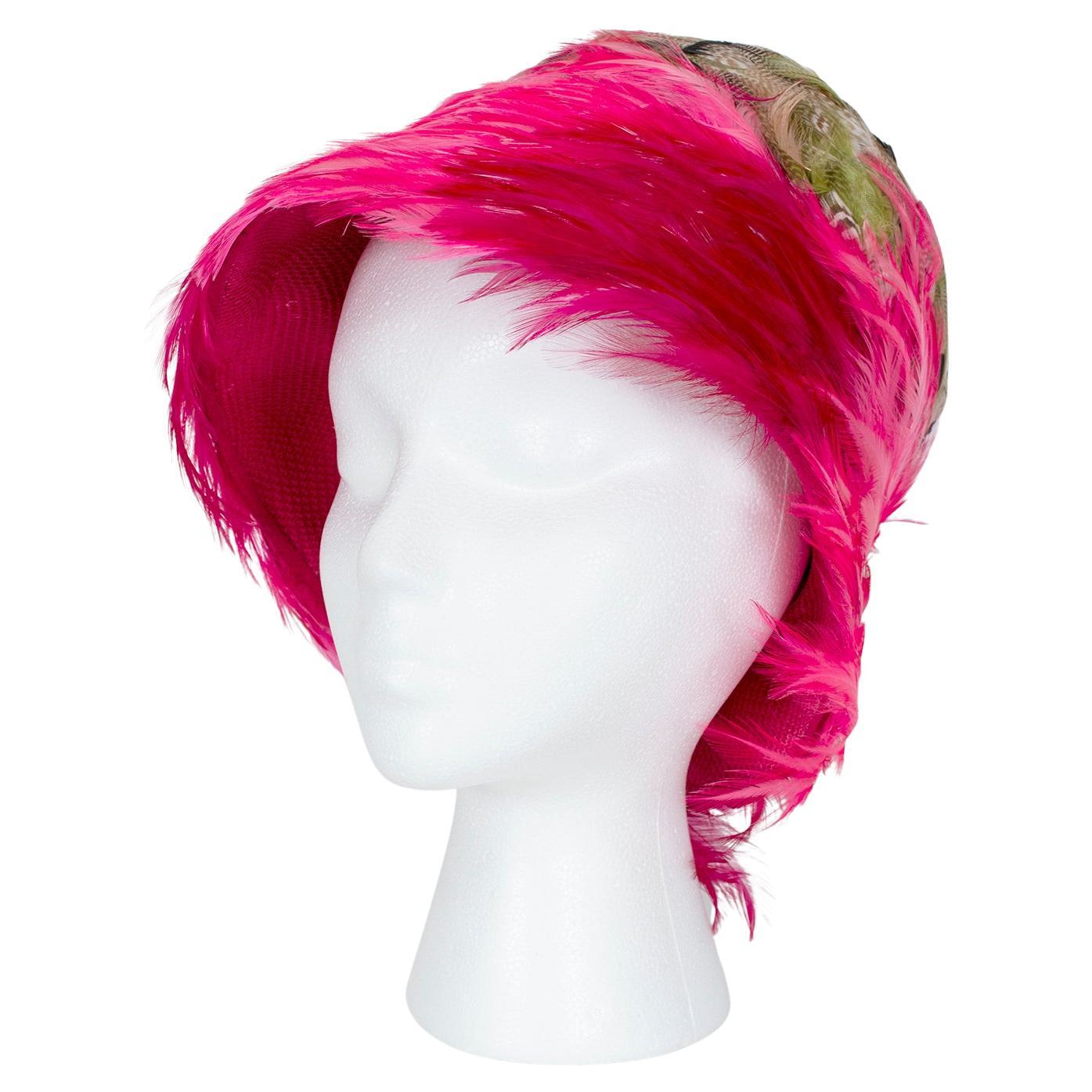 Degradé Fuchsia and Green Ostrich and Cock Feather Bucket Cloche Hat – S, 1960s