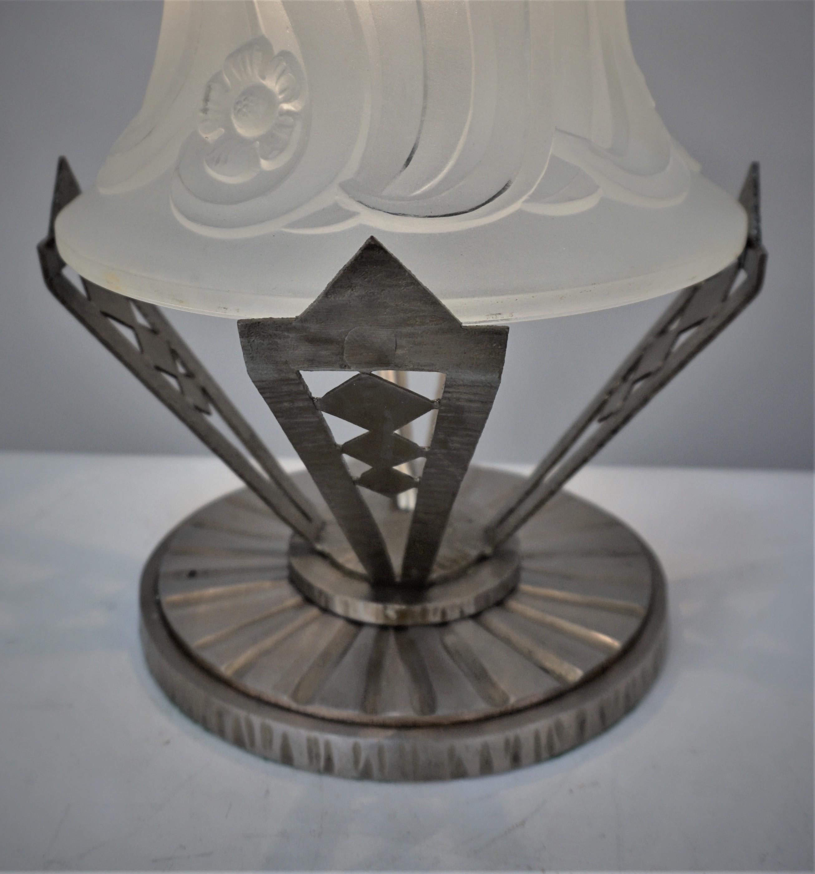 Beautiful Art Deco table lamp, clear frost glass with handmade iron base.