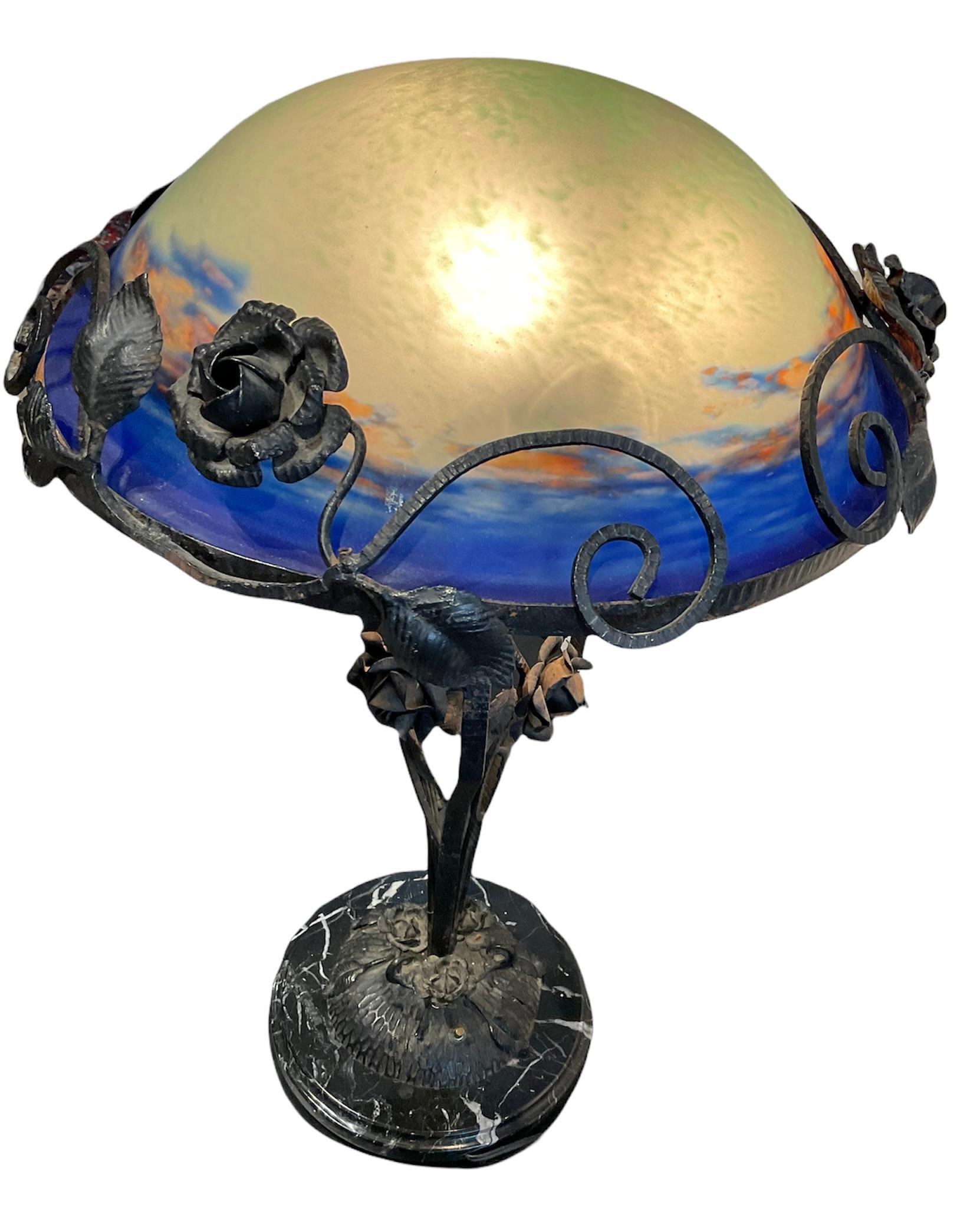 Art Glass Degue Art Nouveau Style Hand Painted Lamp For Sale