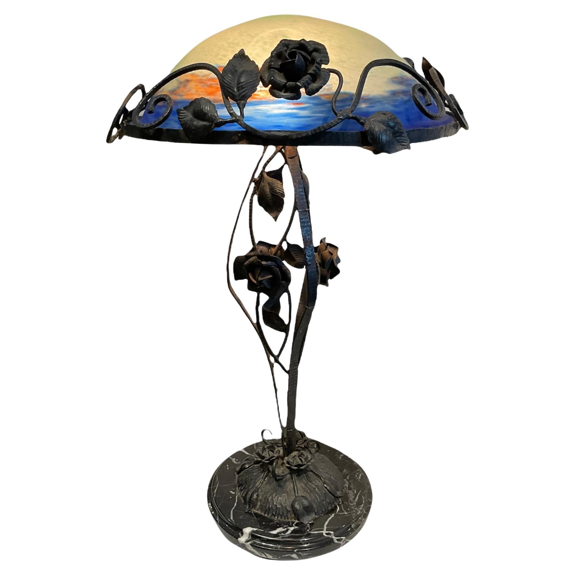 Degue Art Nouveau Style Hand Painted Lamp For Sale