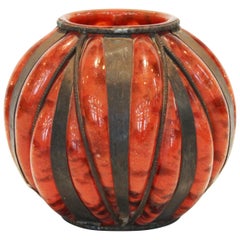 Degué Attributed French Art Deco Glass Vase in Wrought Iron