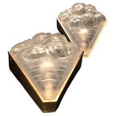 Degue' Pair of French Wall Lights 1930s Frosted Glass Metal Chrome France