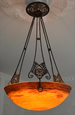Degue & Dubois Wide French Art Deco Pendant Chandelier, Late 1920s
