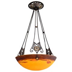 Antique Degue & Dubois Wide French Art Deco Pendant Chandelier, Late 1920s