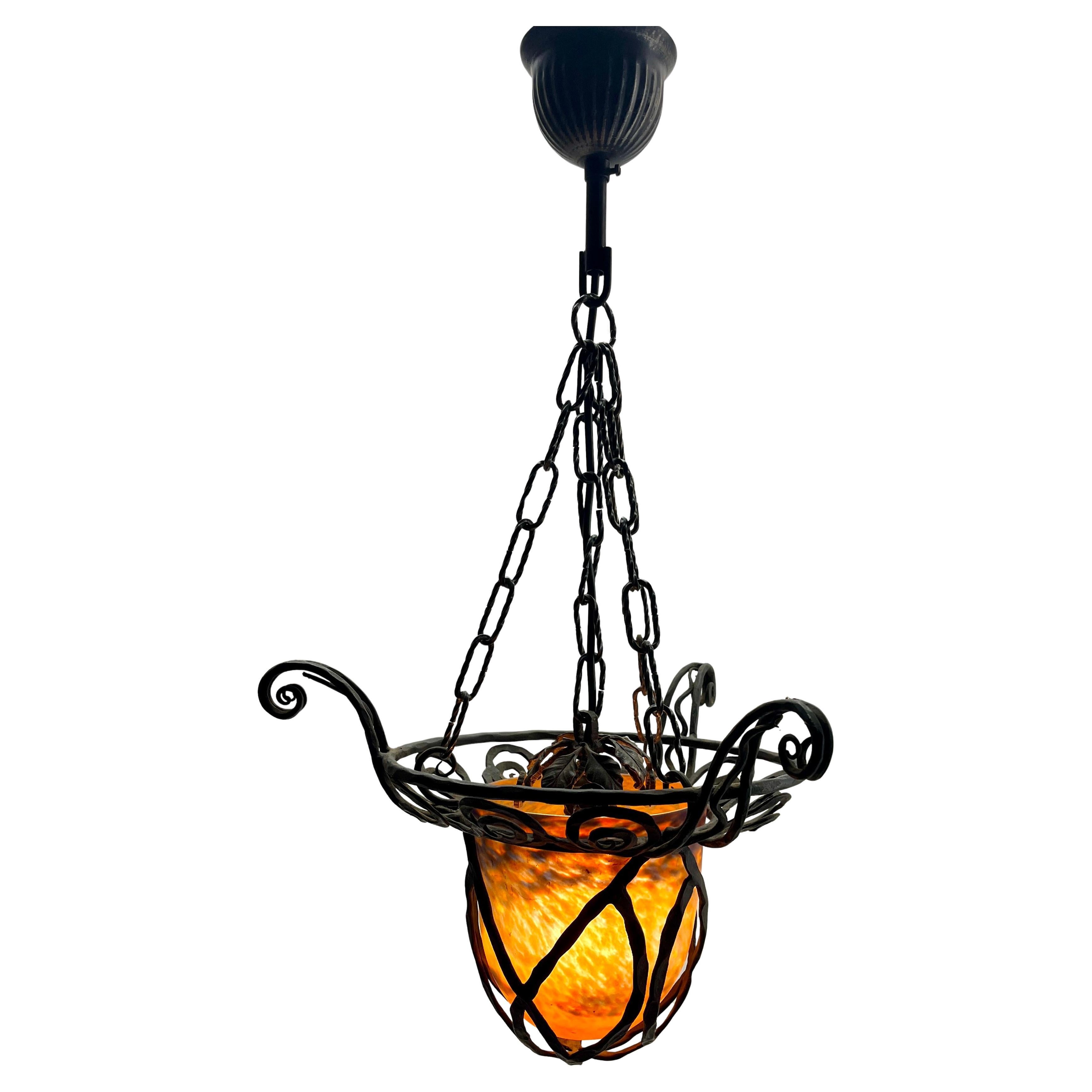 Degué Forget und Pate de Verre Schade Pendelleuchte Lobby Lampe Signiert 1930s