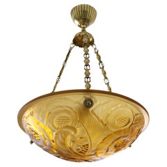 Antique DEGUE French Art Deco Amber Pendant Chandelier, Late 1920s