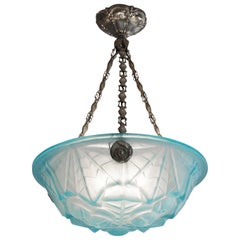 Degue French Art Deco Blue Pendant Chandelier, Late 1920s
