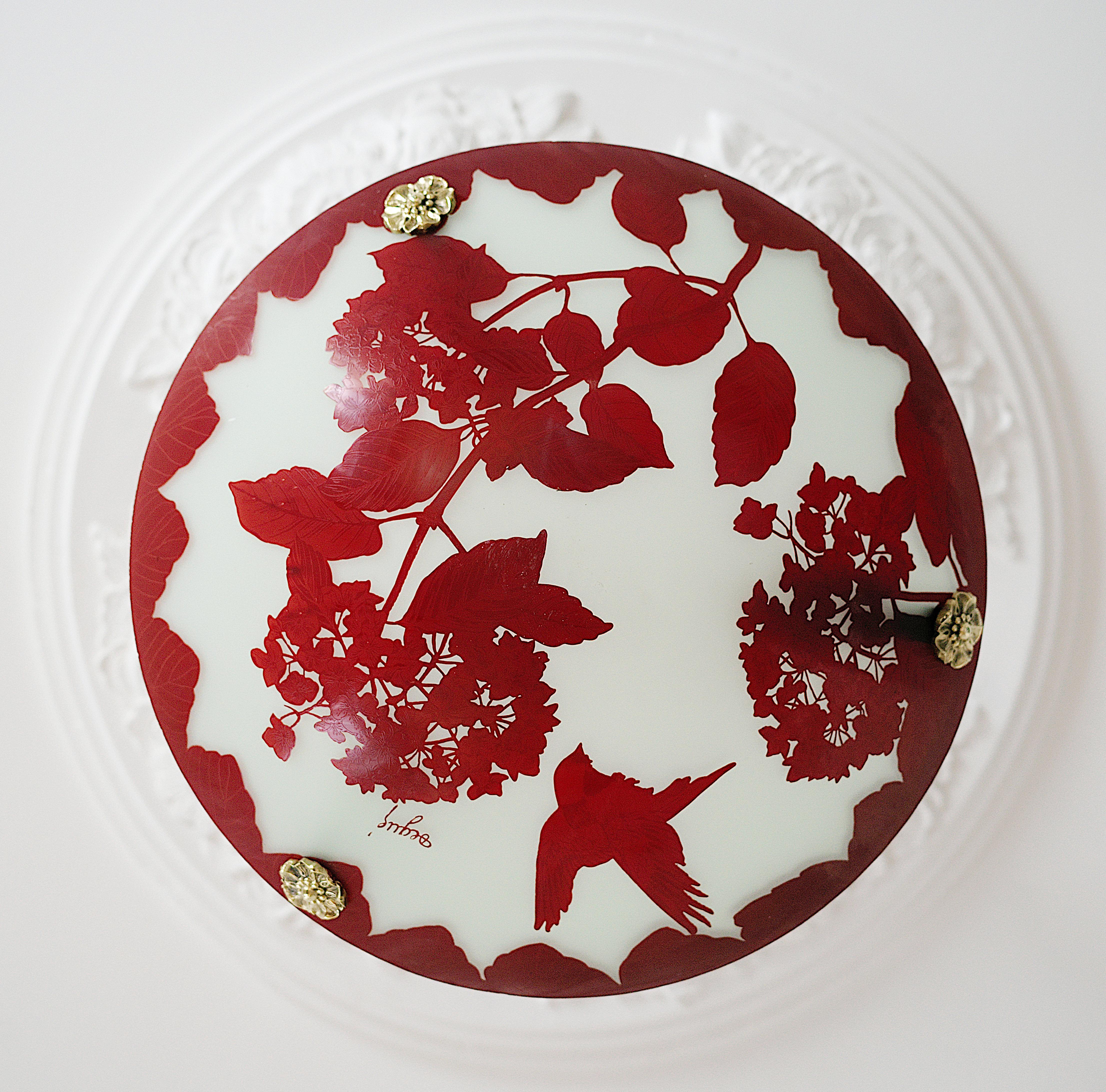 Français Lustre suspendu Art Déco français en verre gravé, années 1920