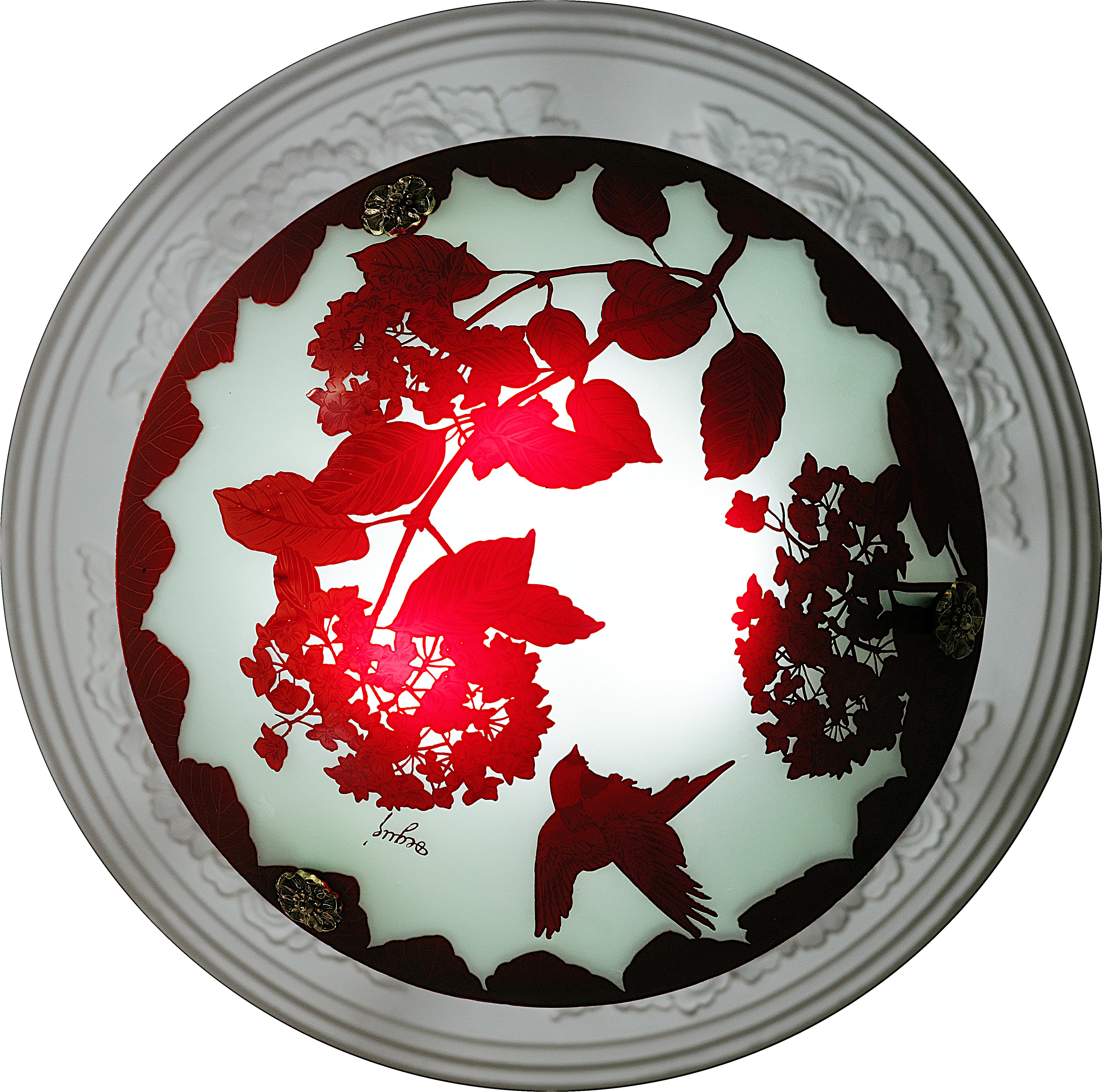 Buriné Lustre suspendu Art Déco français en verre gravé, années 1920