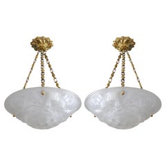 Used Degue French Art Deco Pair of Pendants Chandeliers, Ca. 1930