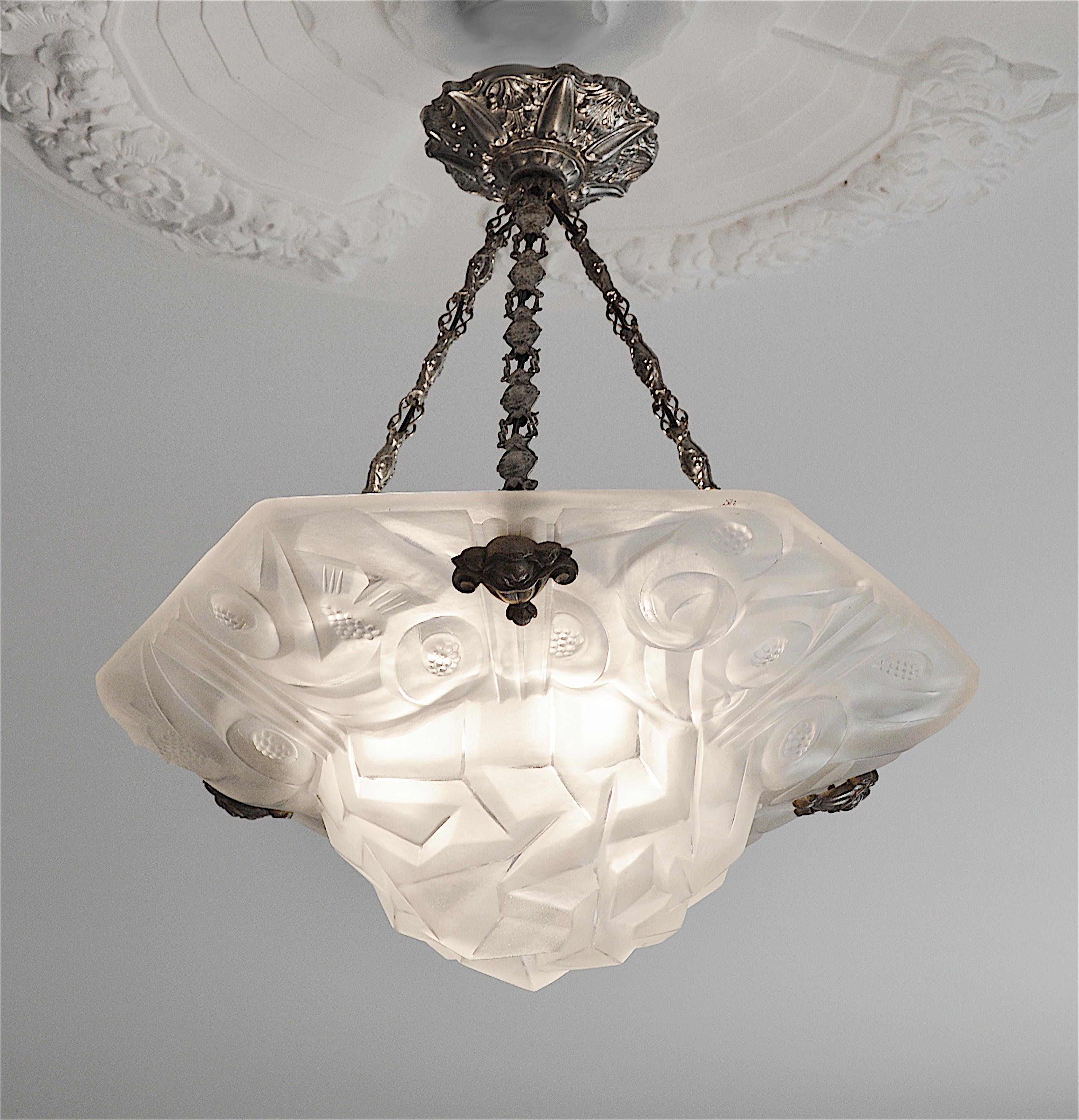 Frosted Degue French Art Deco Pendant Chandelier by Edouard Cazaux, Late 1920s