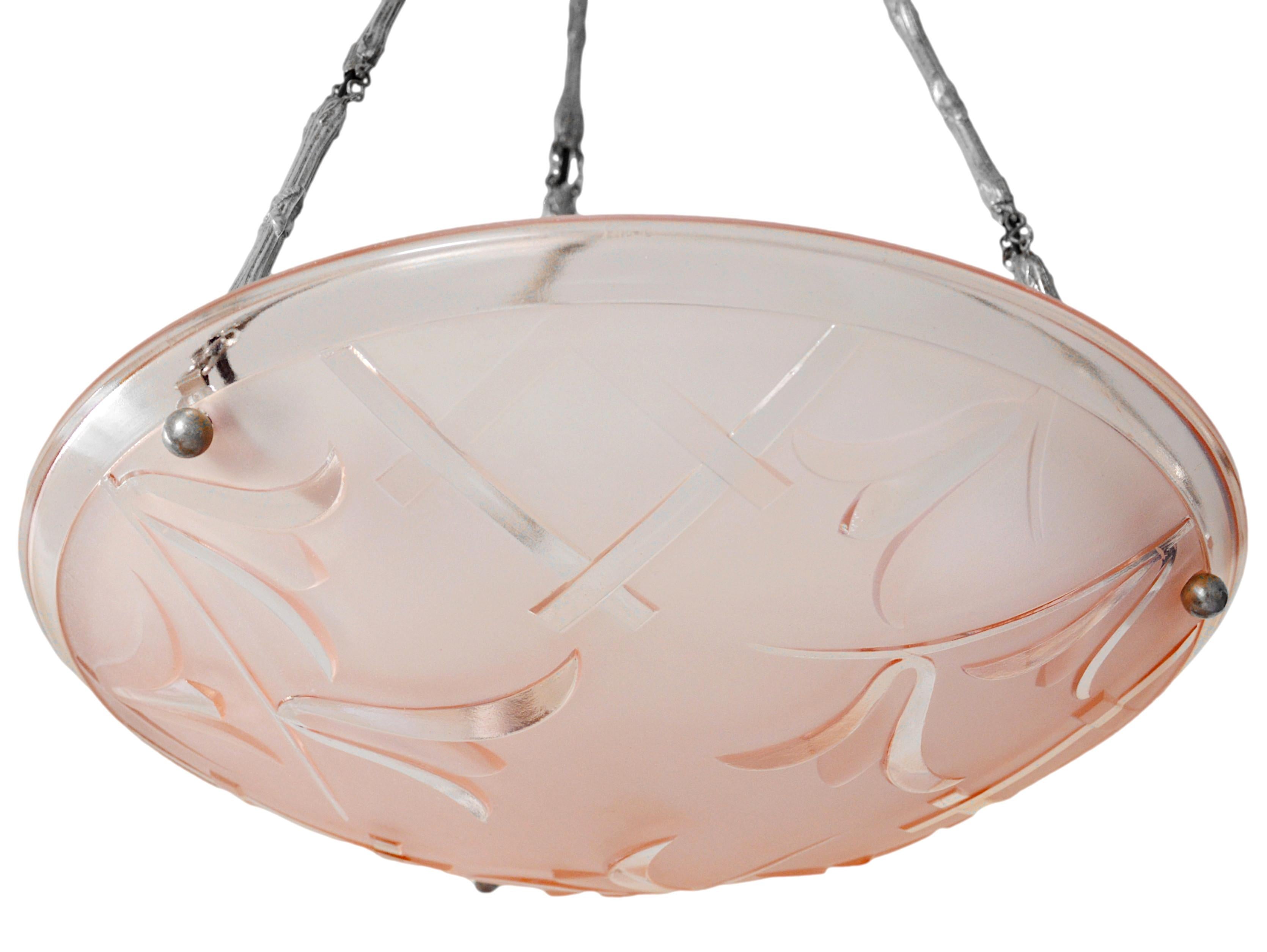 Degue French Art Deco Pink Pendant Chandelier, 1920 For Sale 4