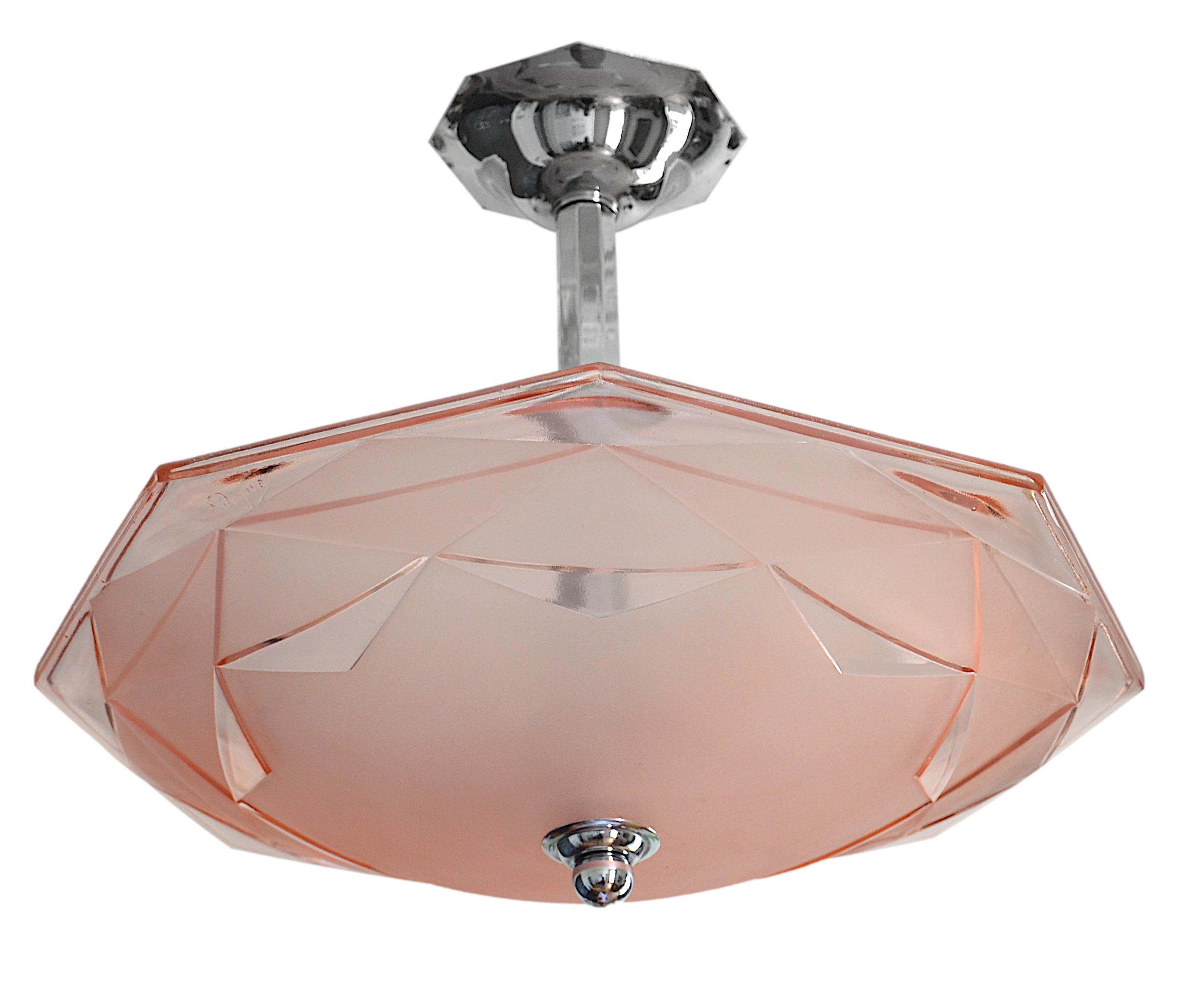 Frosted Degue French Art Deco Pink Pendant Chandelier, Early 1930s