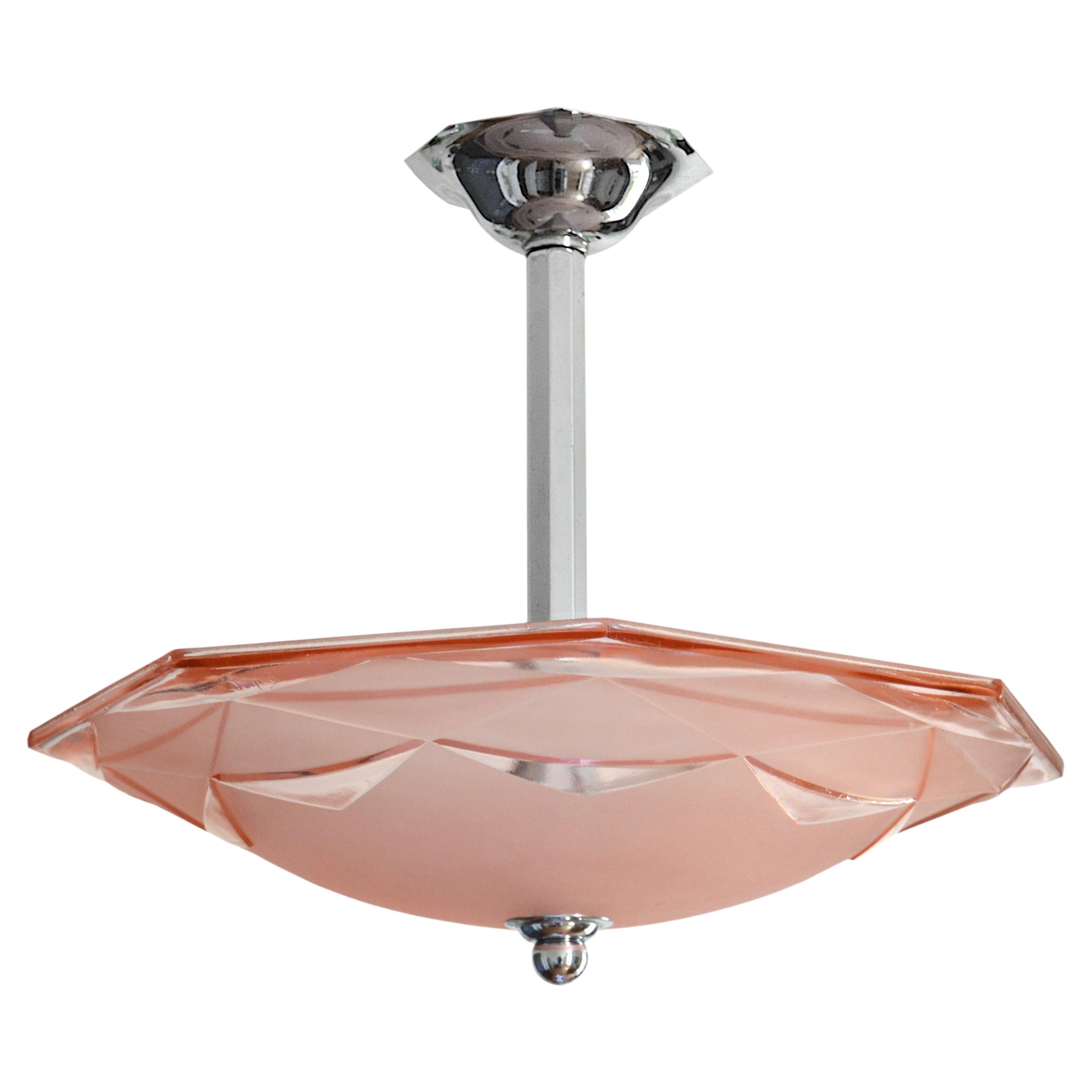 Degue French Art Deco Pink Pendant Chandelier, Early 1930s