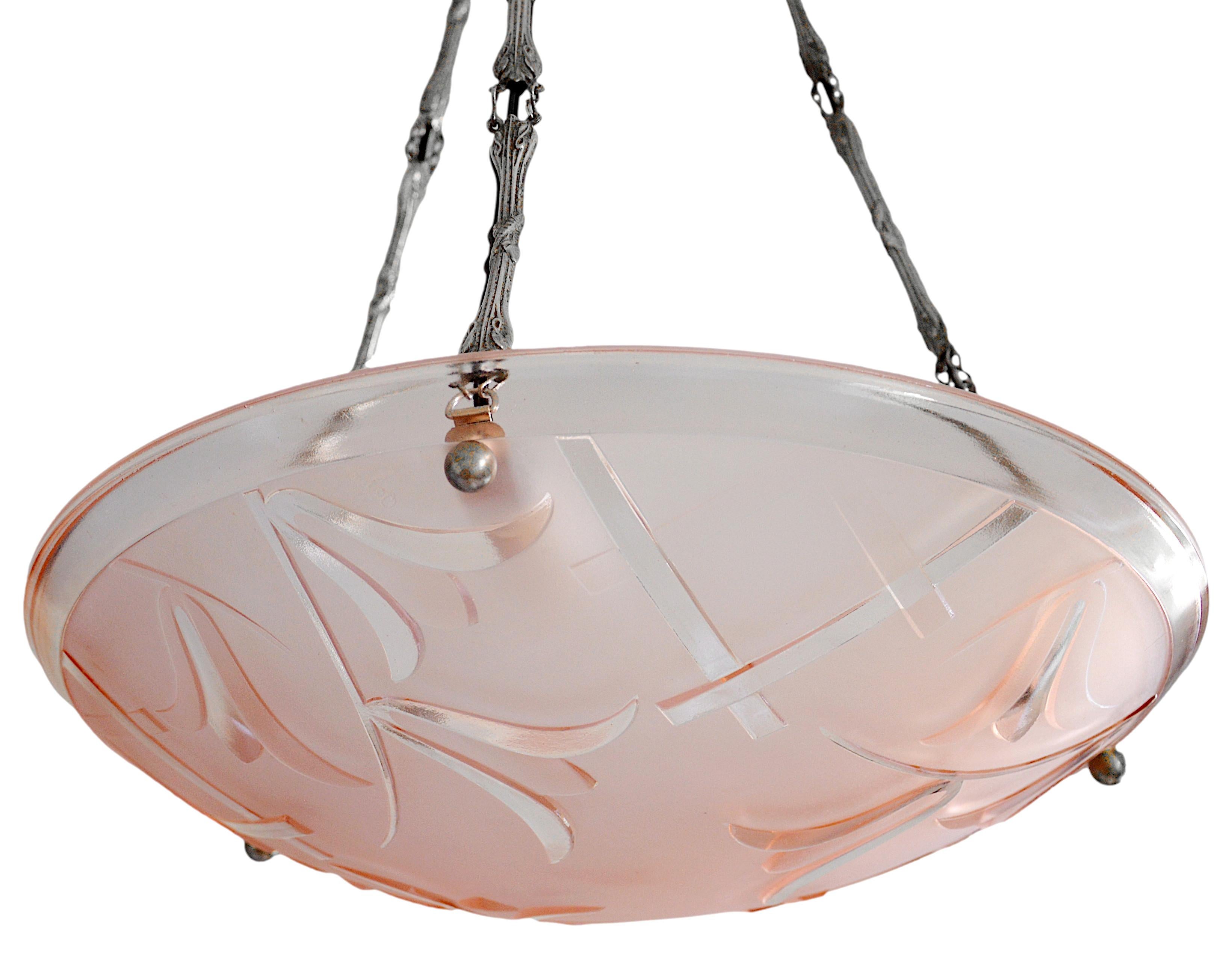 Frosted Degue French Art Deco Pink Pendant Chandelier, Late 1920s For Sale