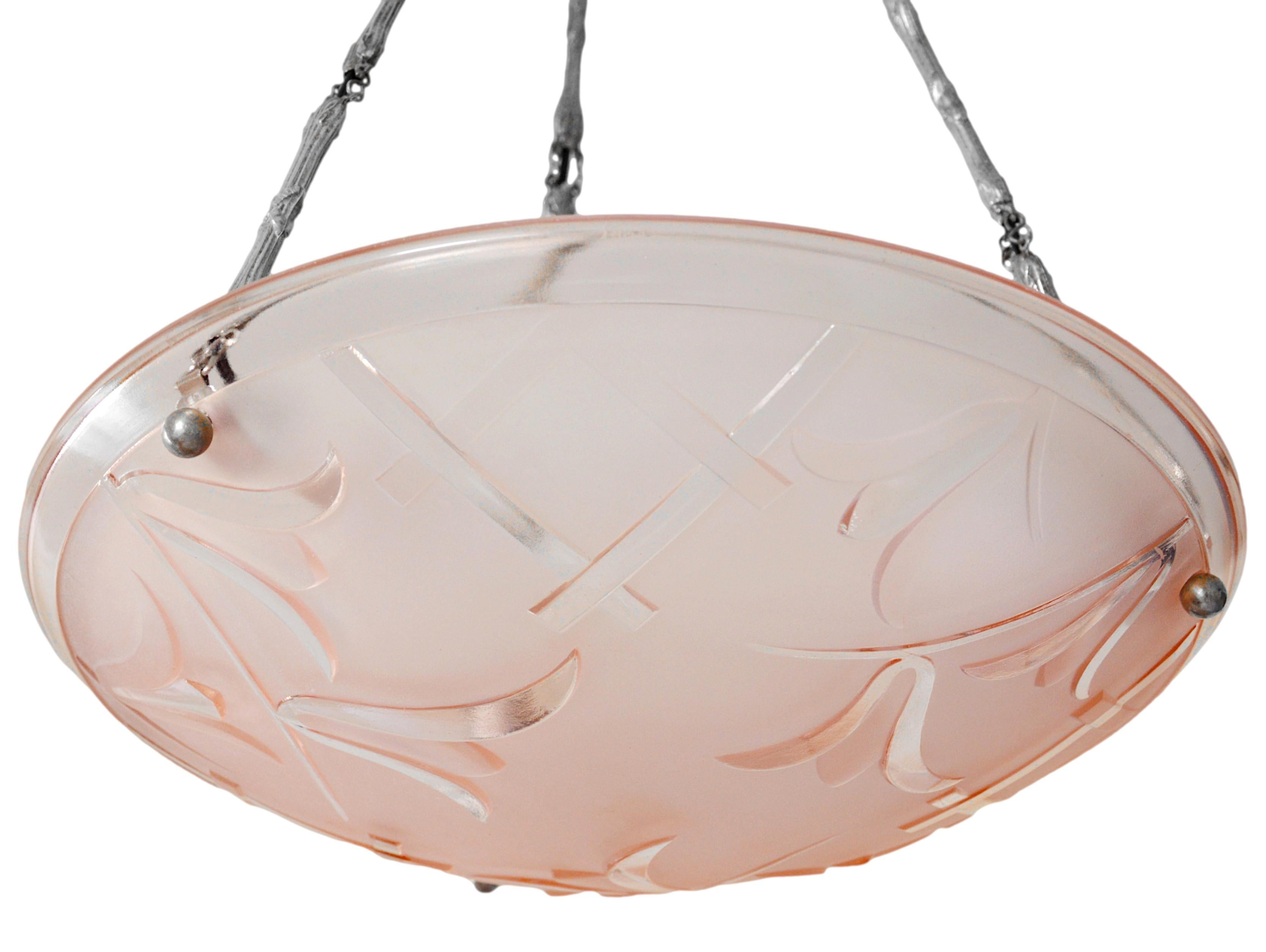 Early 20th Century Degue French Art Deco Pink Pendant Chandelier, Late 1920s For Sale
