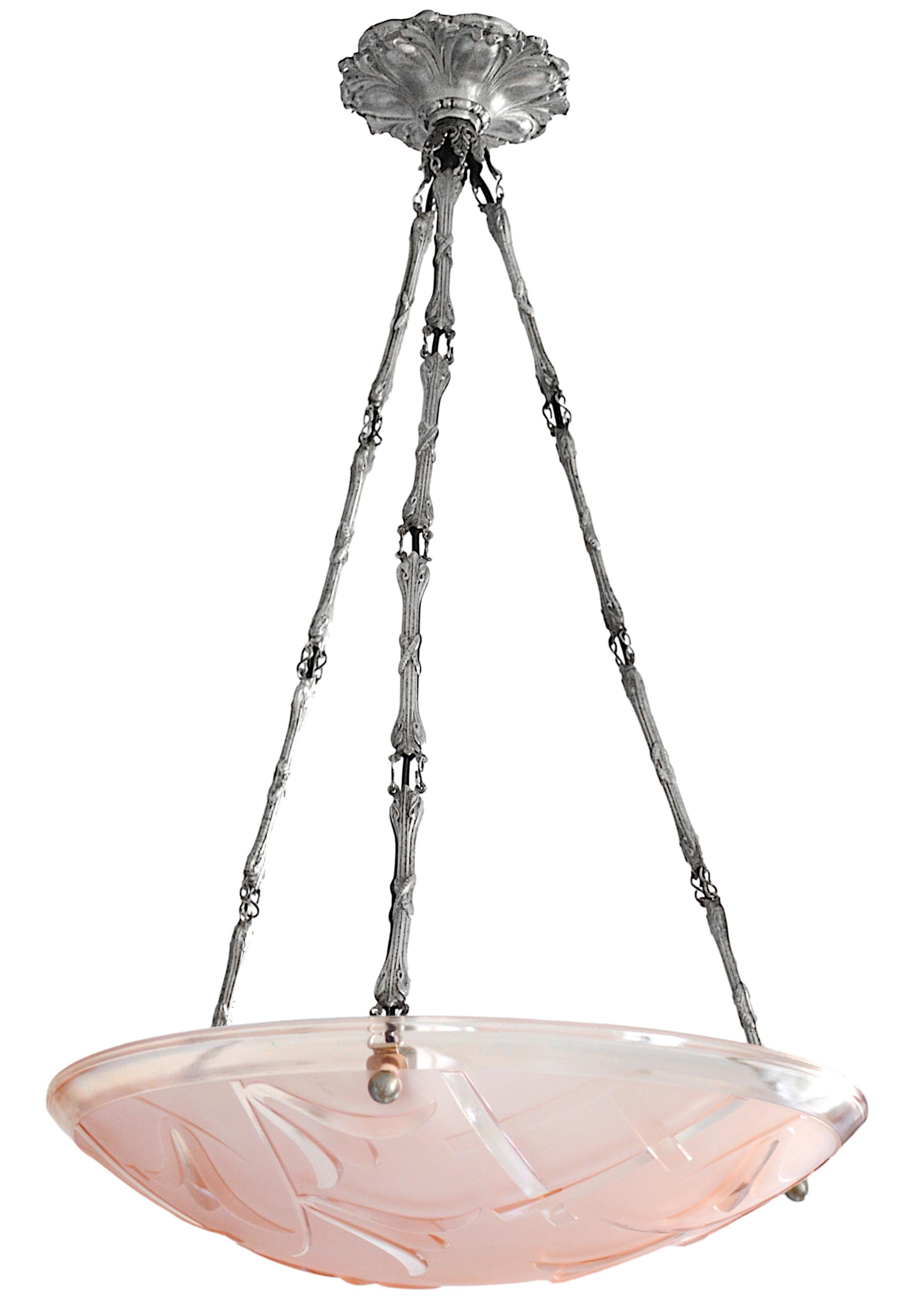 Brass Degue French Art Deco Pink Pendant Chandelier, Late 1920s For Sale