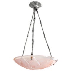 Degue French Art Deco Pink Pendant Chandelier, Late 1920s