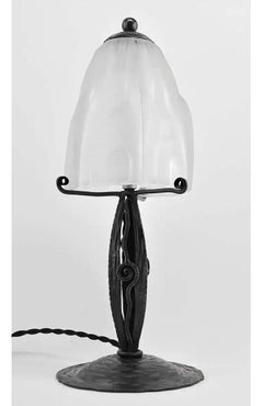 1920s French Art Deco Table Lamp by Edouard Cazaux, Glass & Iron