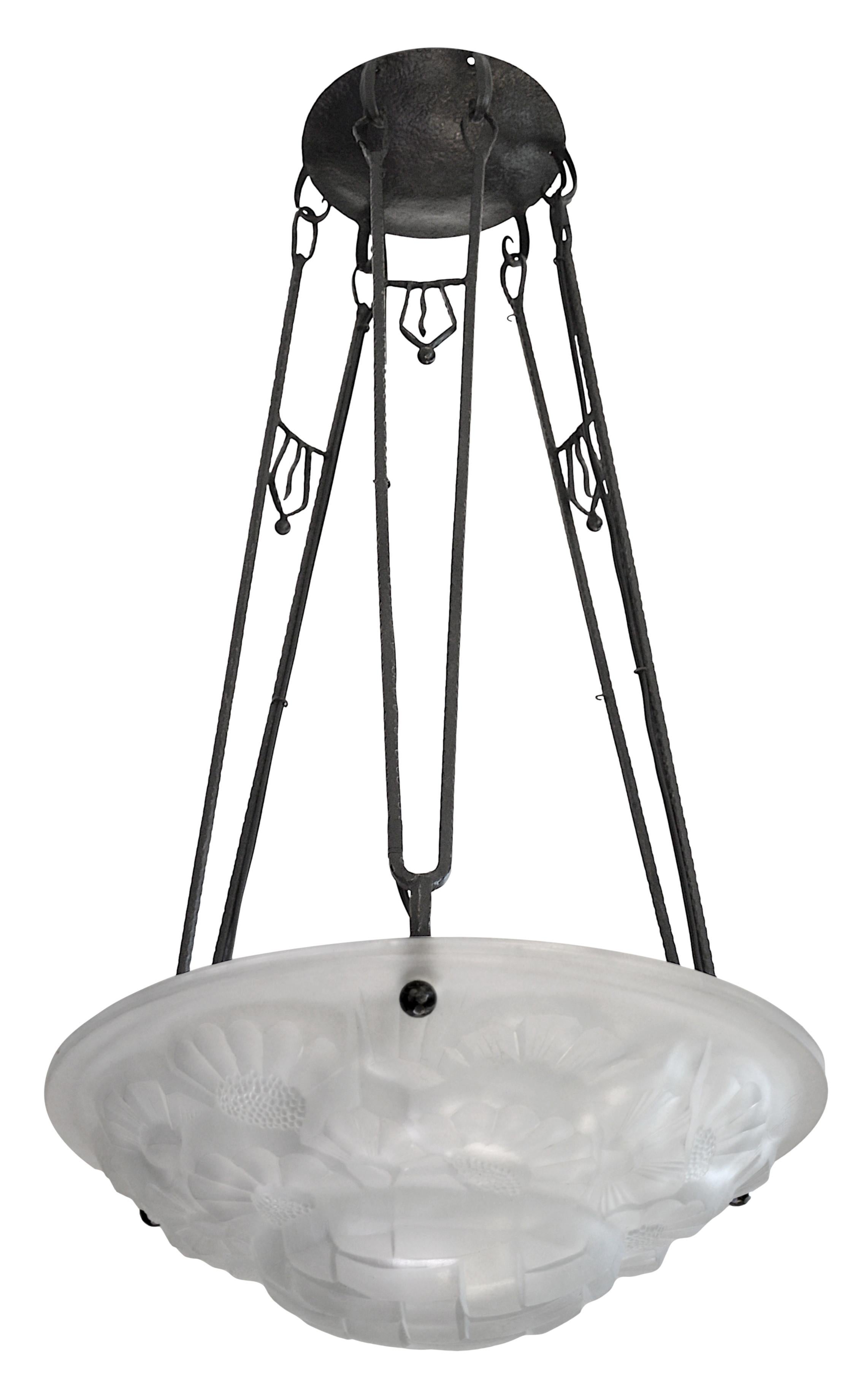 Frosted Degue French Art Deco White Pendant Chandelier, Ca. 1930 For Sale