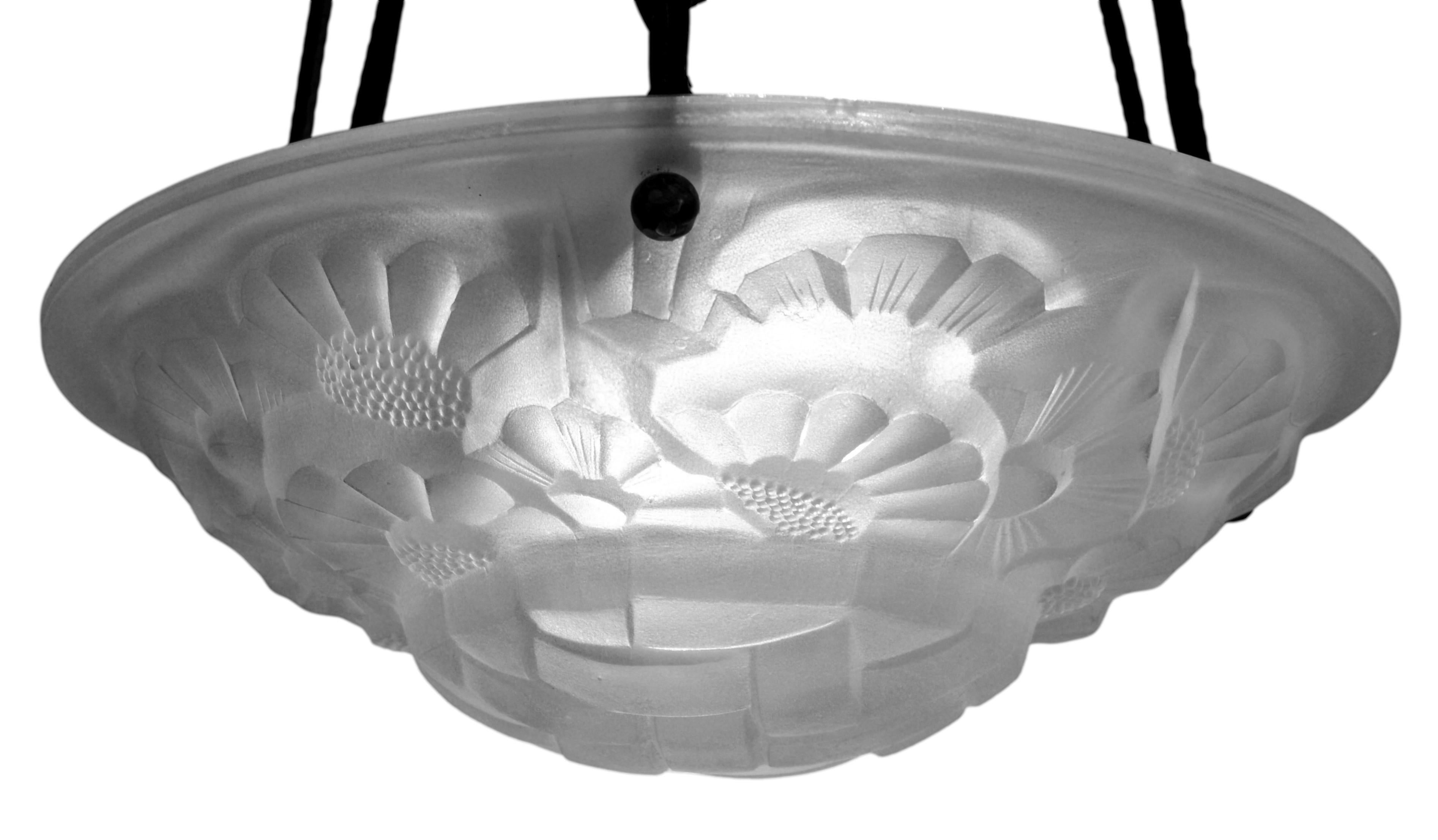 Glass Degue French Art Deco White Pendant Chandelier, Ca. 1930 For Sale