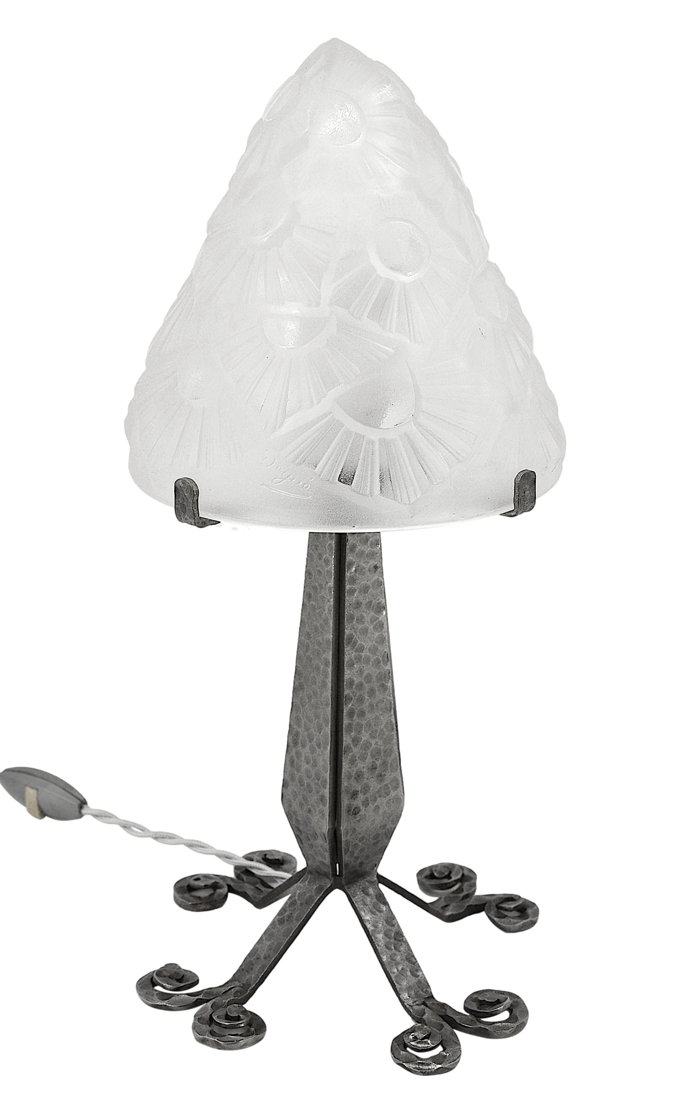 Glass DEGUE & Henri FOURNET 'Le Fer Forgé' French Art Deco Table Lamp, Late 1920s For Sale
