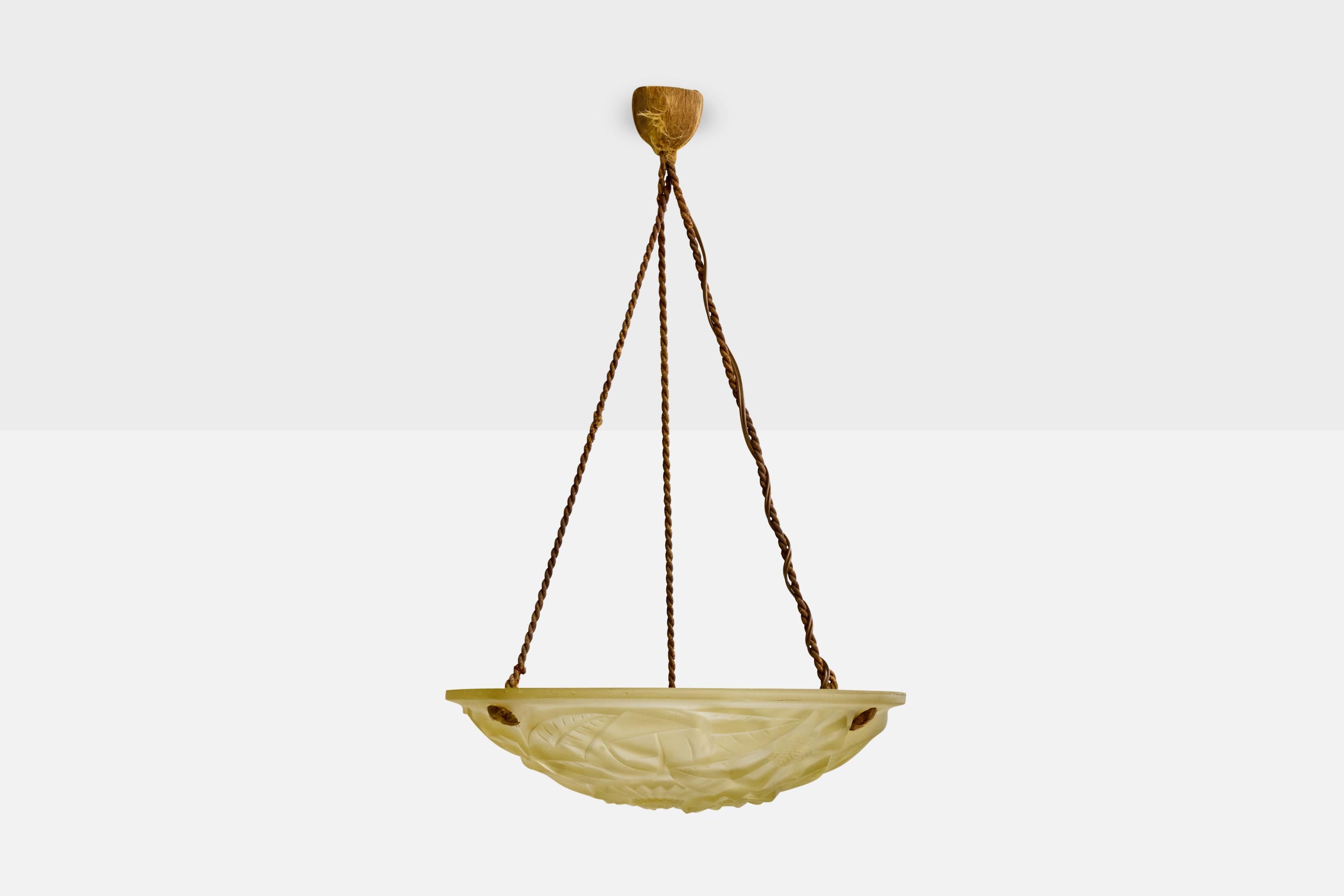 Français Degué, lampe suspendue, verre, corde, France, années 1930 en vente