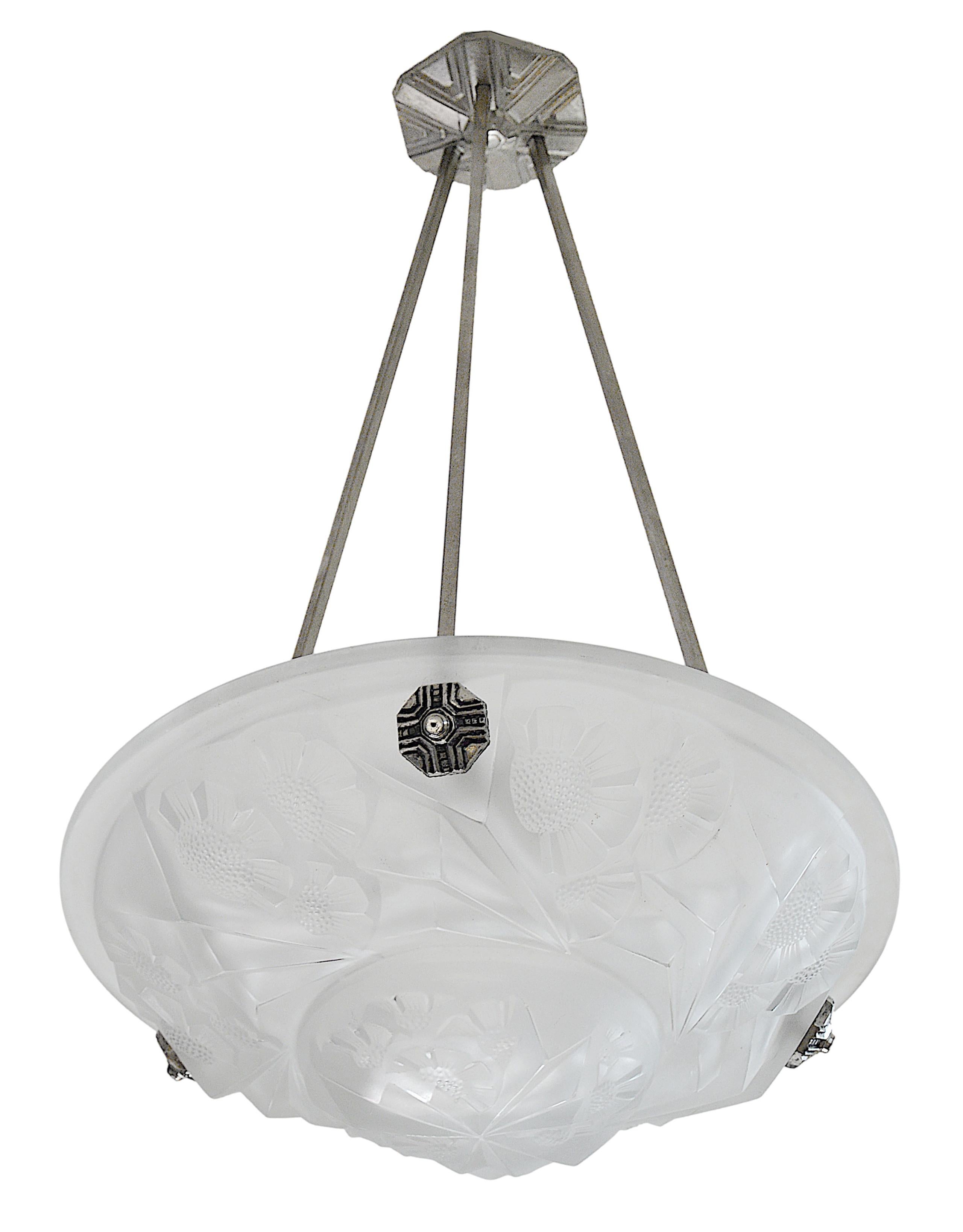 Frosted Degue Wide French Art Deco White Pendant Chandelier, Ca. 1930 For Sale
