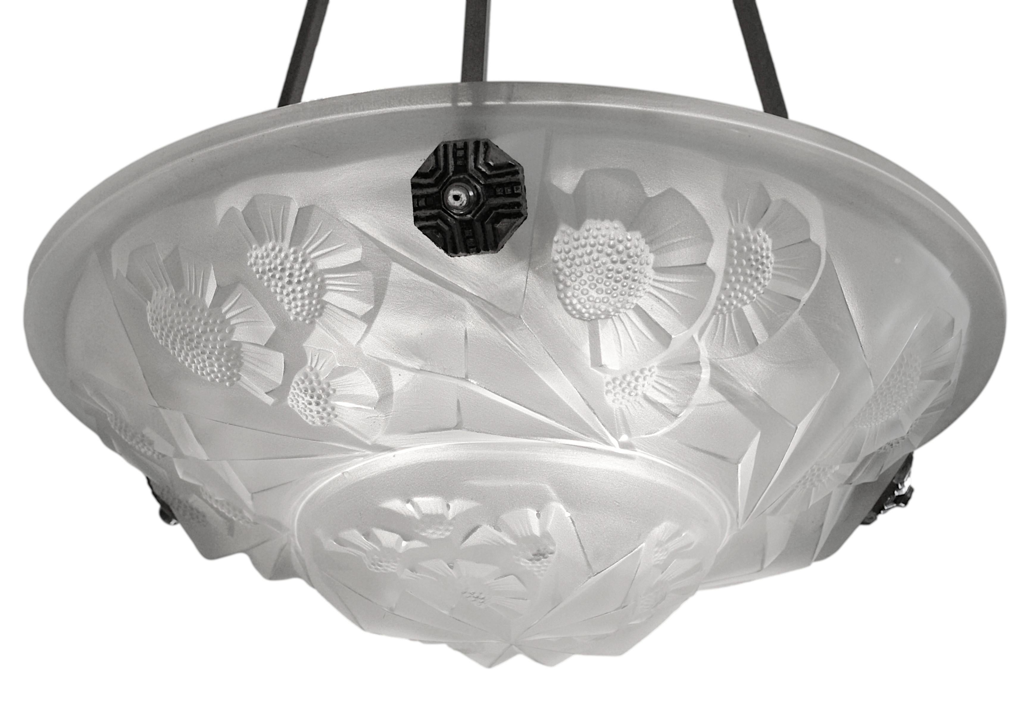 Mid-20th Century Degue Wide French Art Deco White Pendant Chandelier, Ca. 1930 For Sale