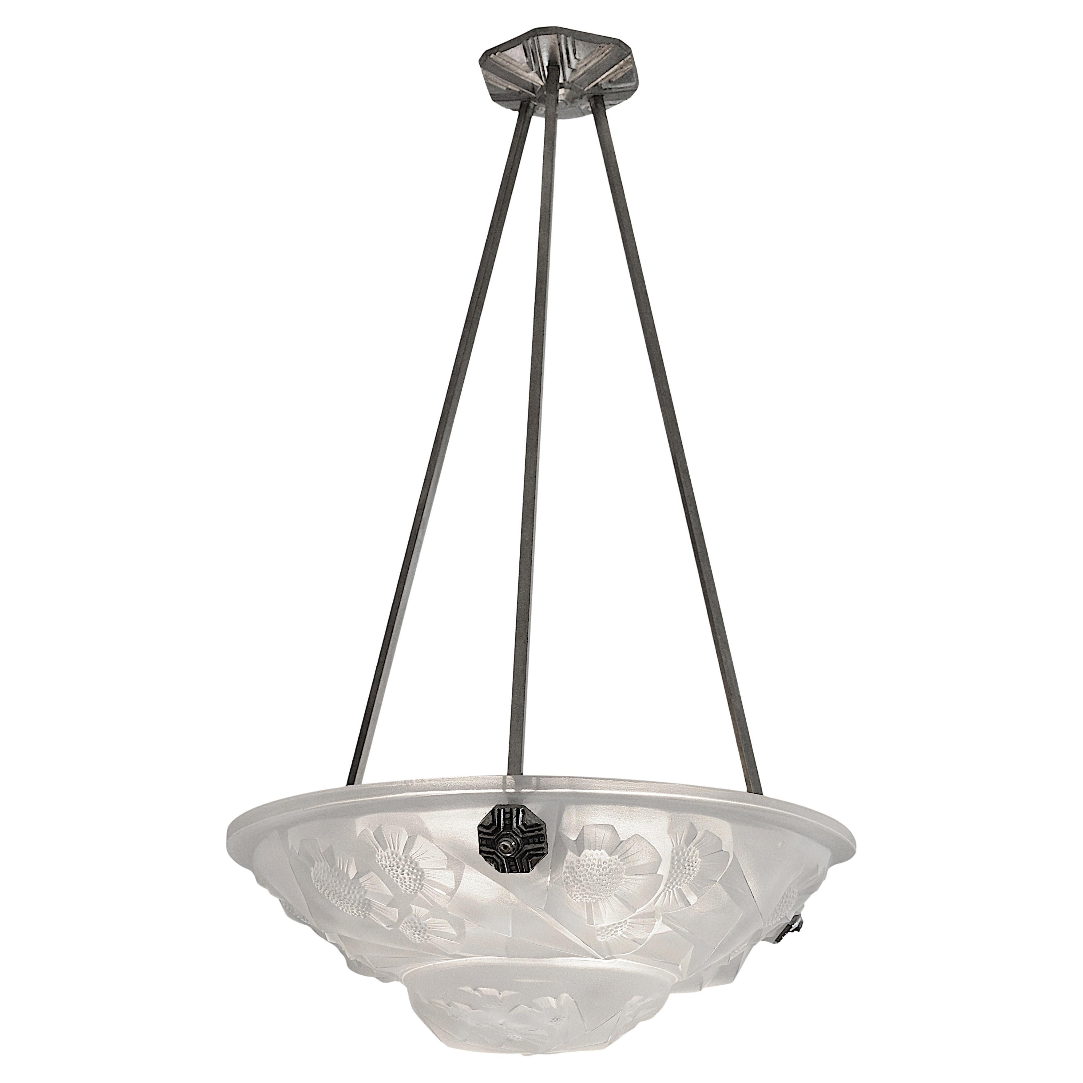 Degue Wide French Art Deco White Pendant Chandelier, Ca. 1930 For Sale