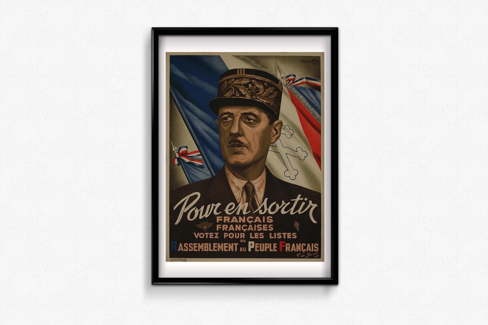 This compelling original French political poster from 1947 features a striking portrait of General Charles de Gaulle, urging citizens to vote for the newly founded Rassemblement du Peuple Français (RPF)—the Rally of the French People.

Designed by