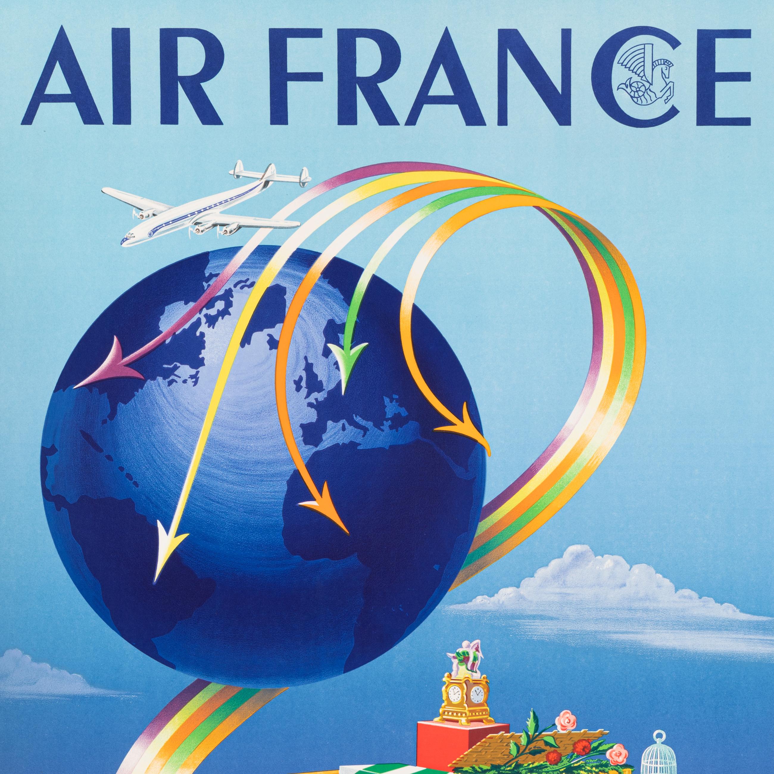 Poster originale d'epoca per Air France creato da Alphonse Dehedin nel 1952.

Artista: Dehedin Alphonse
Titolo: Air France - Transporte tout, Partout
Data: 1952
Dimensioni (l x h): 24,6x 39,4 in / 62 x 100 cm
Stampante : Perceval_Paris
Materiali e