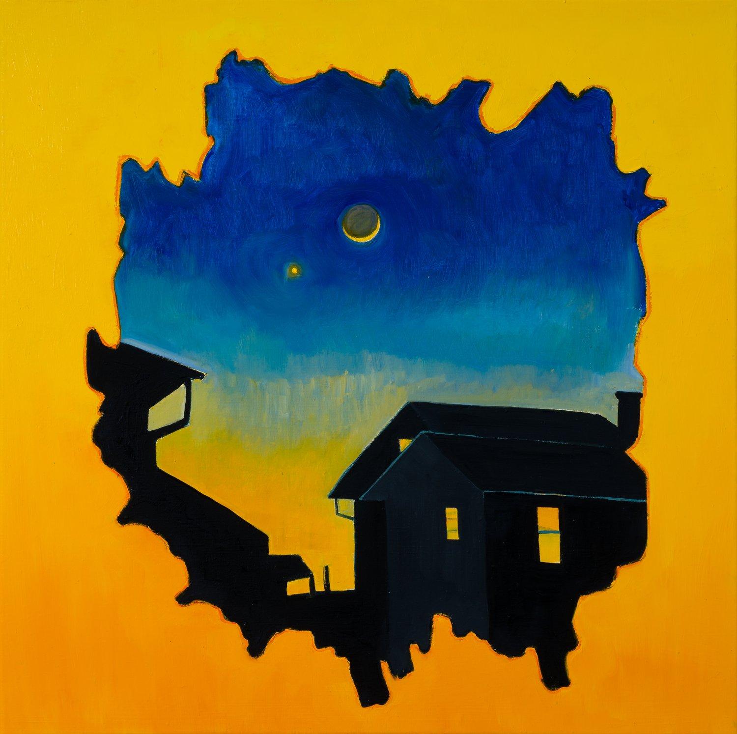 Rayonnement terrestre : paysage de ciel nocturne bleu vif et or avec architecture de maison, lune - Painting de Deirdre Murphy