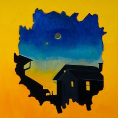 Earthshine: vivid blue & gold night sky landscape w/ house architecture, moon