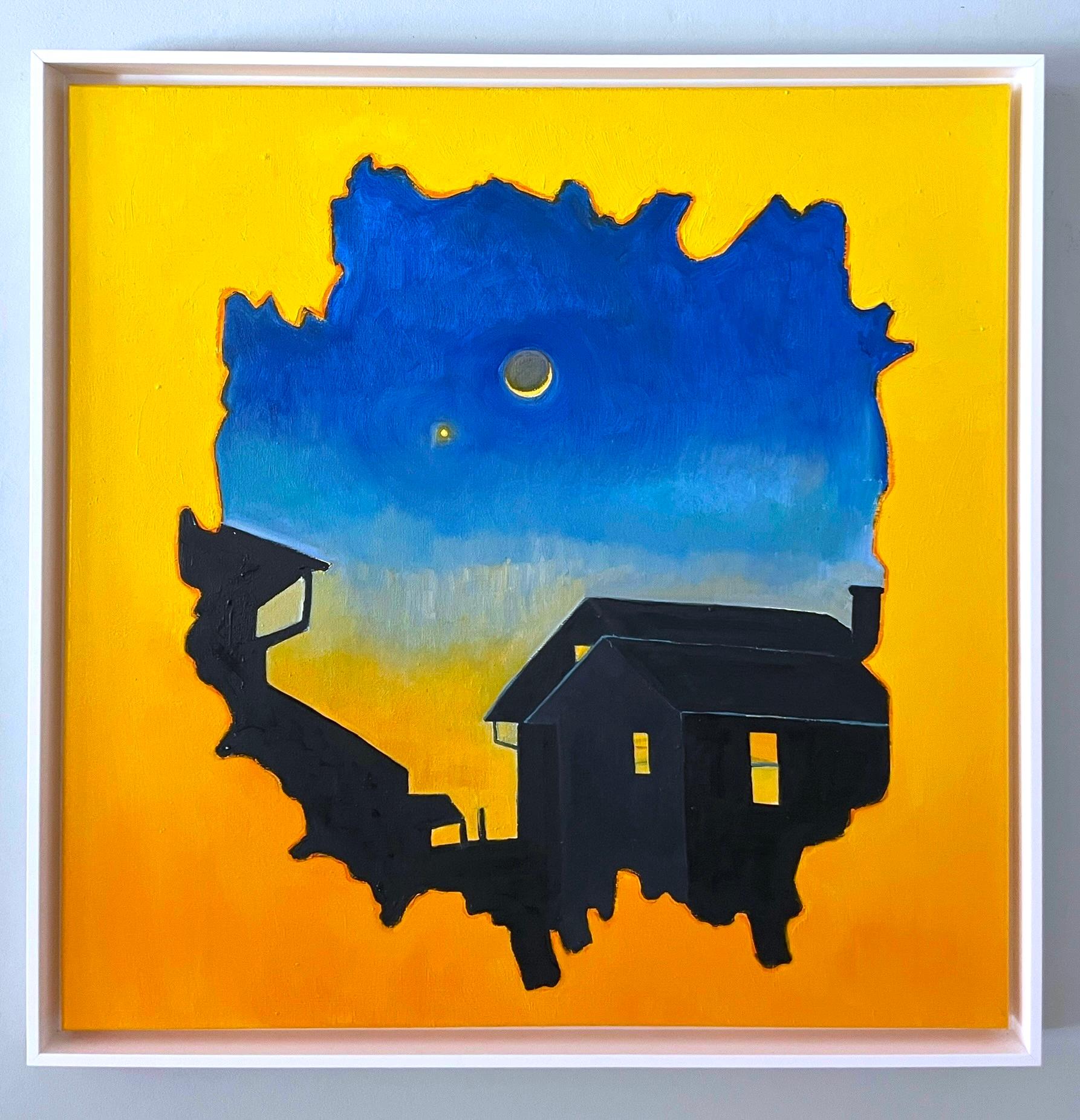 Il s'agit d'une peinture sur toile originale réalisée par un artiste de la région de Philadelphie et professeur d'art à l'université de Lehigh. Elle est encadrée dans un cadre étroit et contemporain en bois blanc. Tout le matériel d'accrochage est