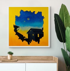 Earthshine: vivid blue & gold night sky landscape w/ house architecture, moon