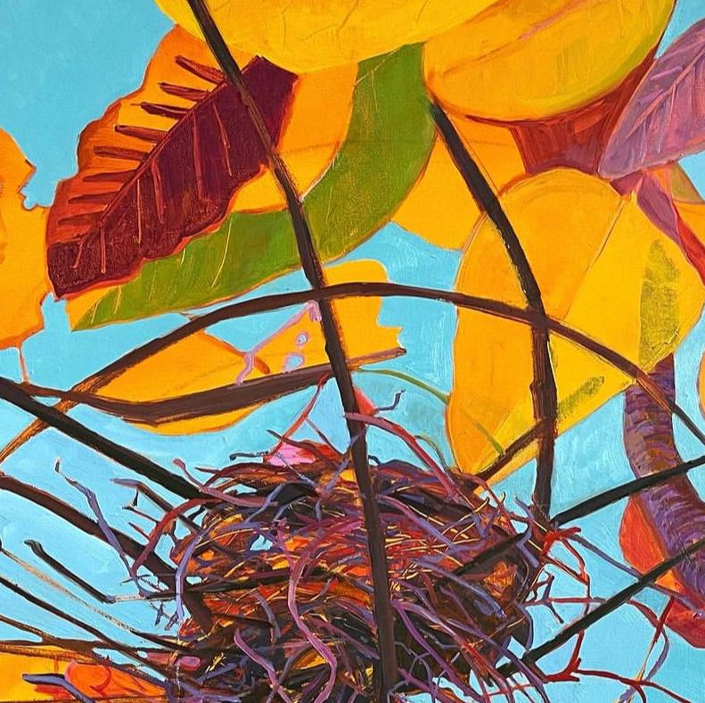 Golden Hour: contemporary oil painting of  bird nest in tree, gold & red leaves - Painting by Deirdre Murphy